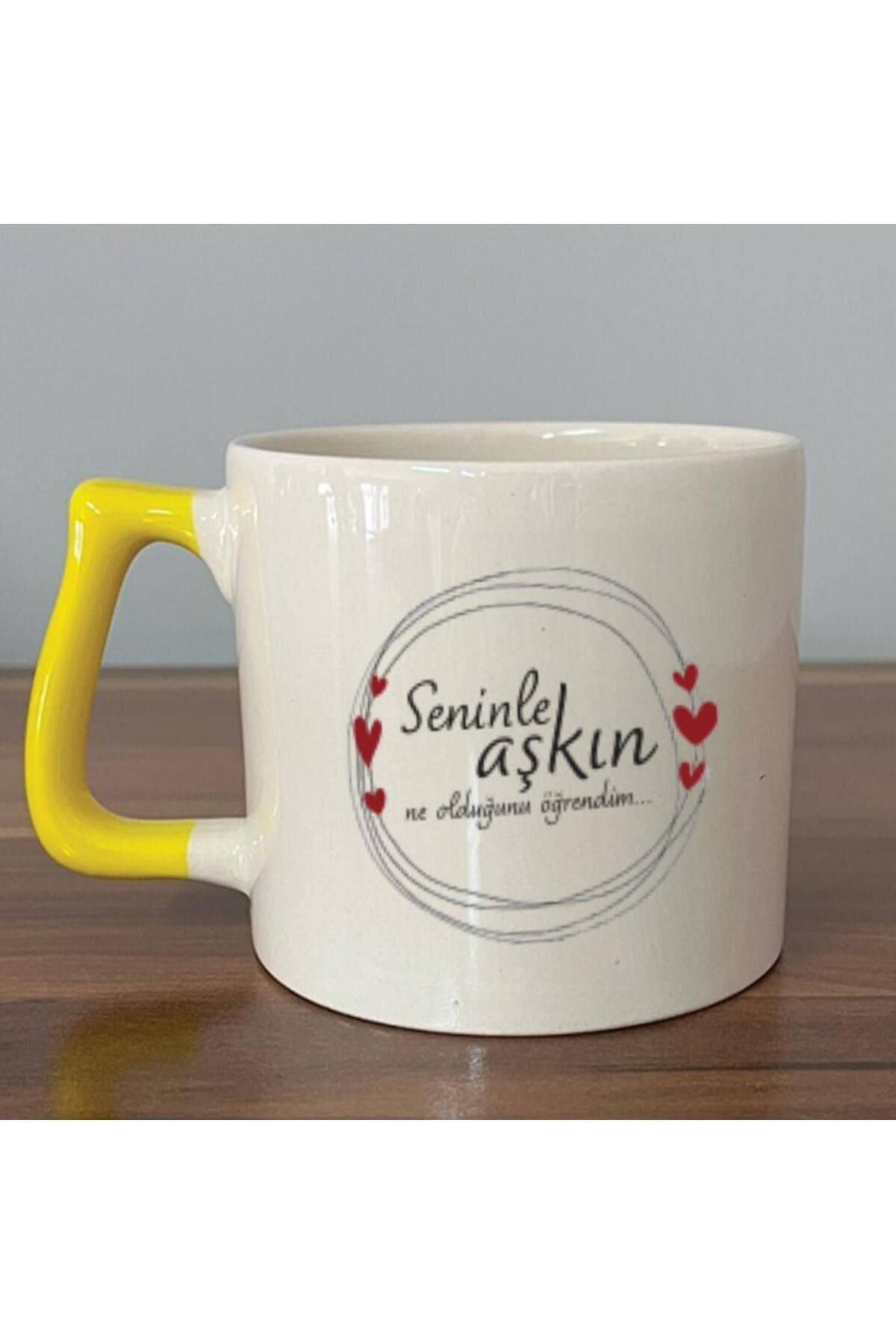 Seninle Aşkın Ne Olduğunu Öğrendim Baskılı Sarı Kulplu Prime Kupa - Sevgiliye Hediye Bardak Fincan