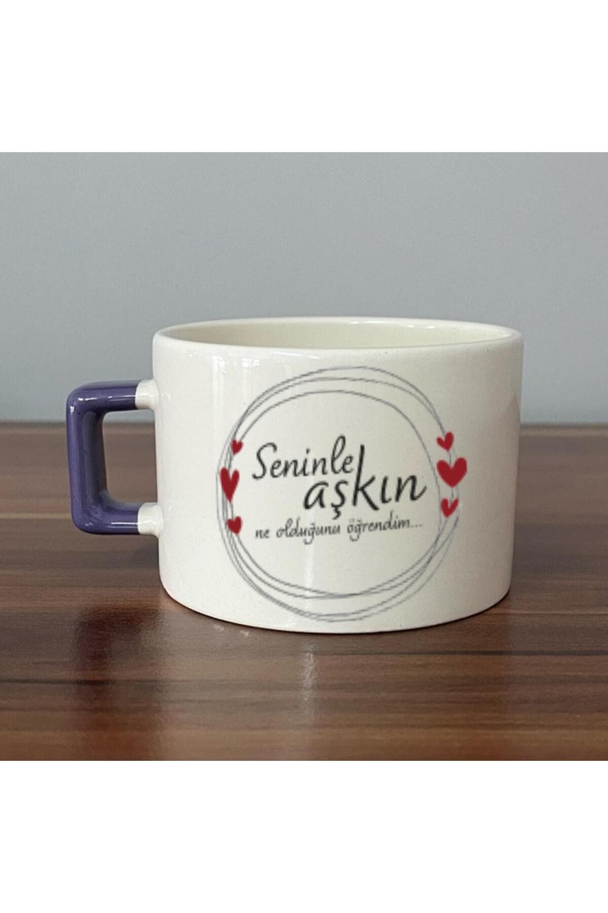 Seninle Aşkın Ne Olduğunu Öğrendim Baskılı Mor Kulplu Kare Kupa - Sevgiliye Hediye Bardak Fincan Mug