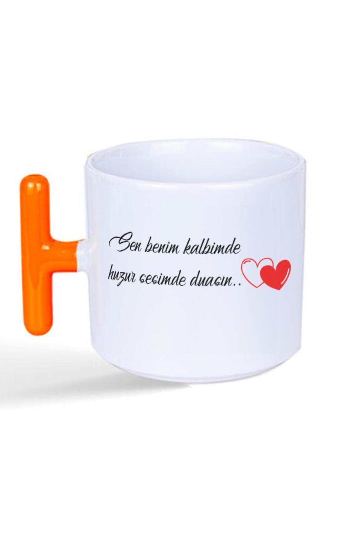 Sen Benim Kalbimde Huzur Baskılı Turuncu Kulplu T Kupa Bardak Fincan Mug