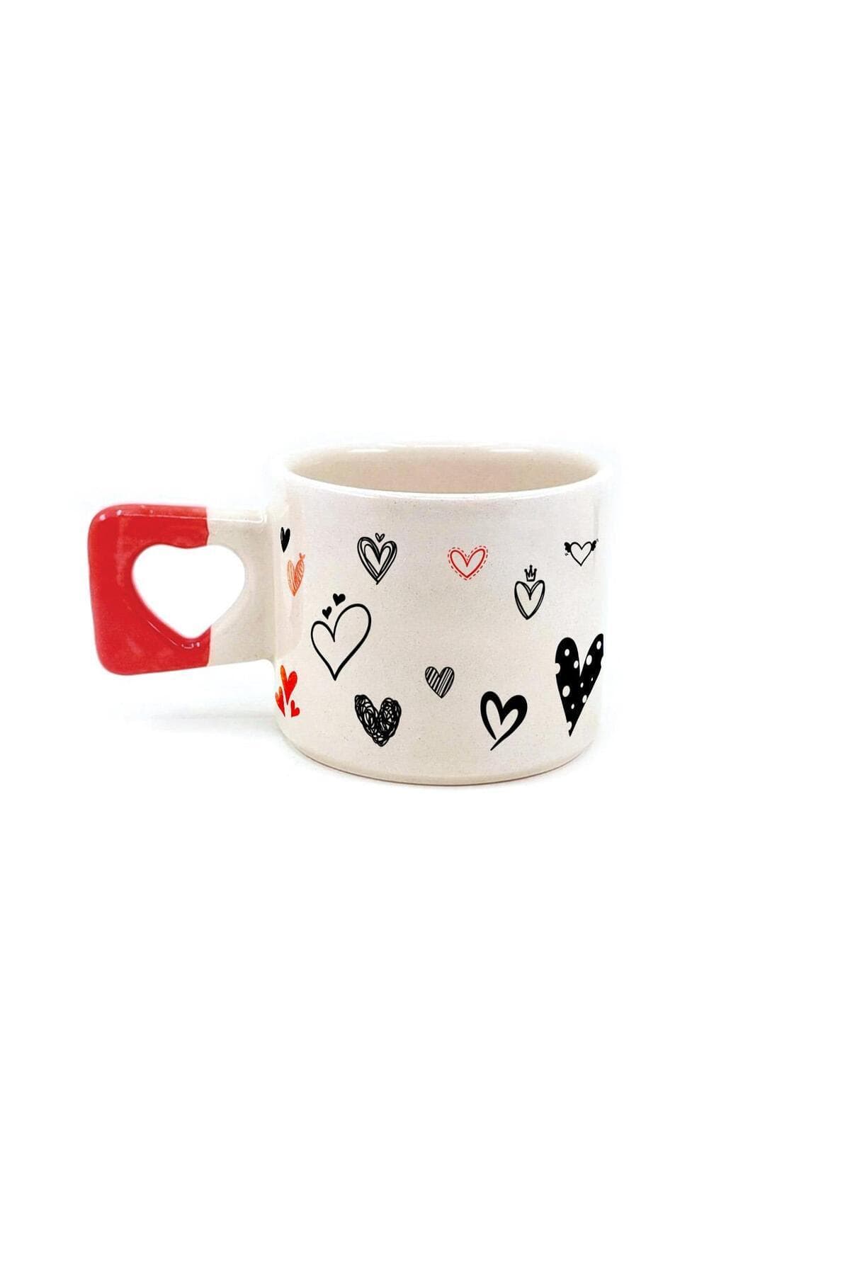 Kalpler Tam Tur Baskılı Kırmızı Kulplu Kalp Kupa Bardak Fincan Mug