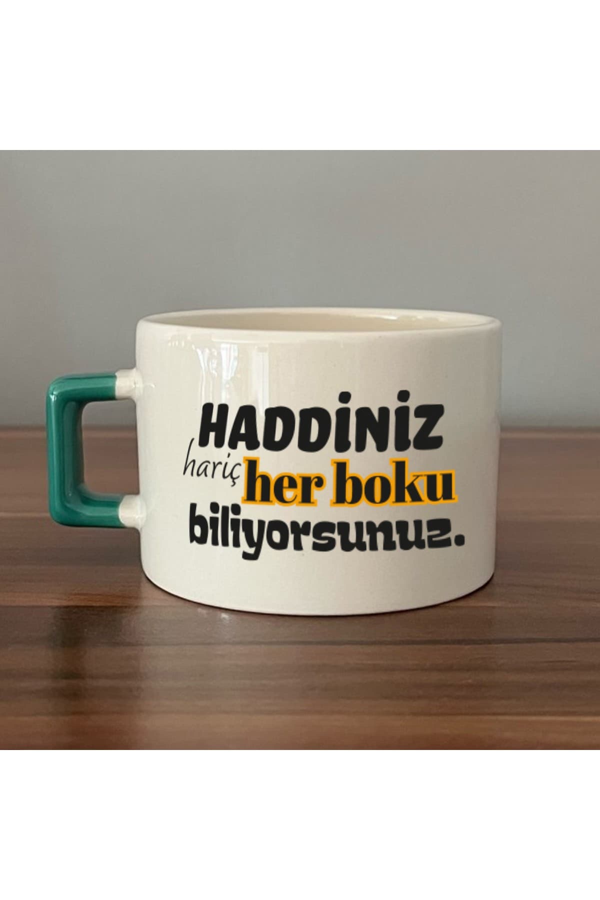 Haddiniz Hariç Her B*ku Biliyorsunuz Baskılı Yeşil Kulplu Kare Kupa - Komik Hediye Bardak Fincan Mug