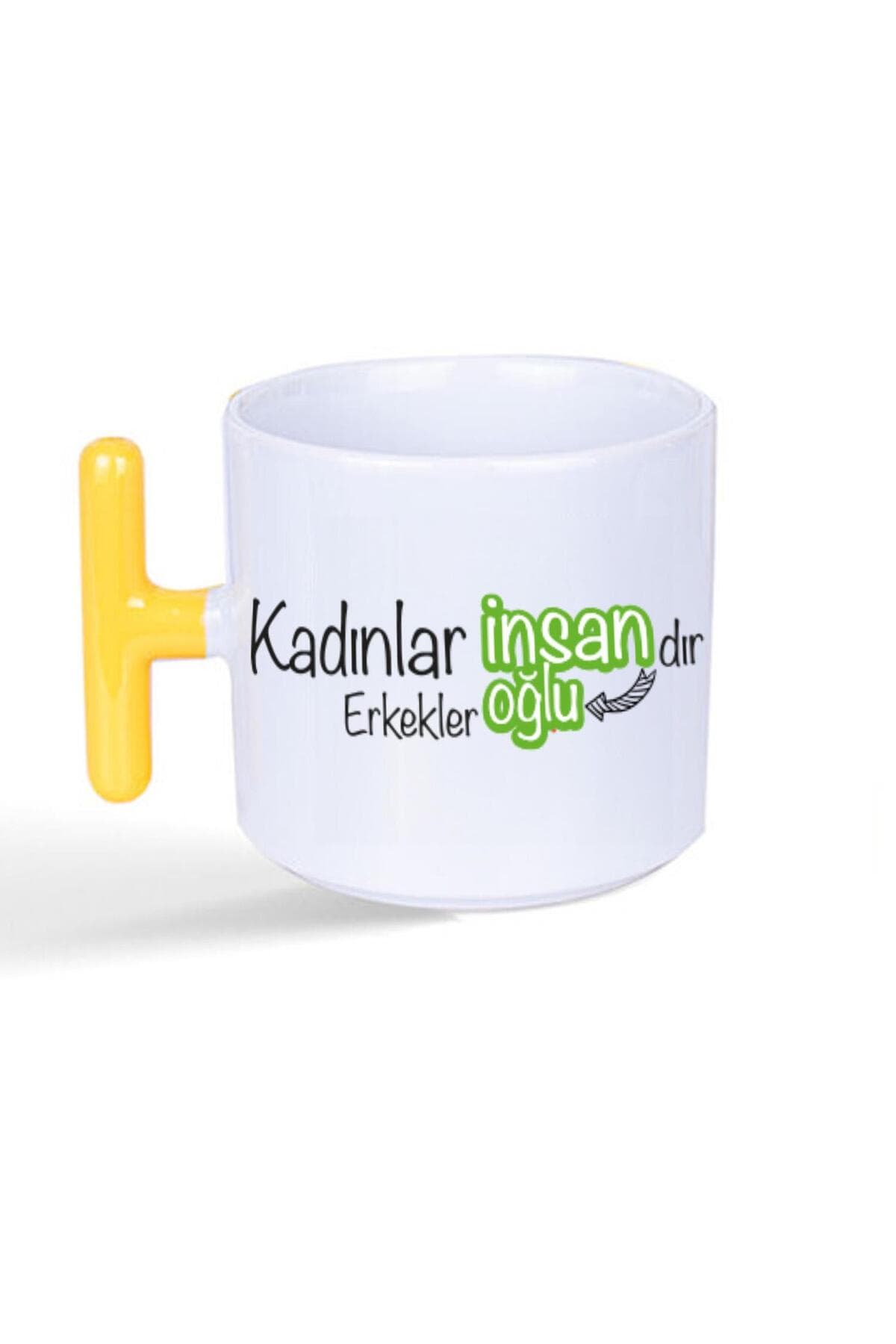 Kadınlar İnsandır, Erkekler İnsanoğlu Baskılı Sarı Kulplu T Kupa - Kadınlar Günü Hediyesi Bardak