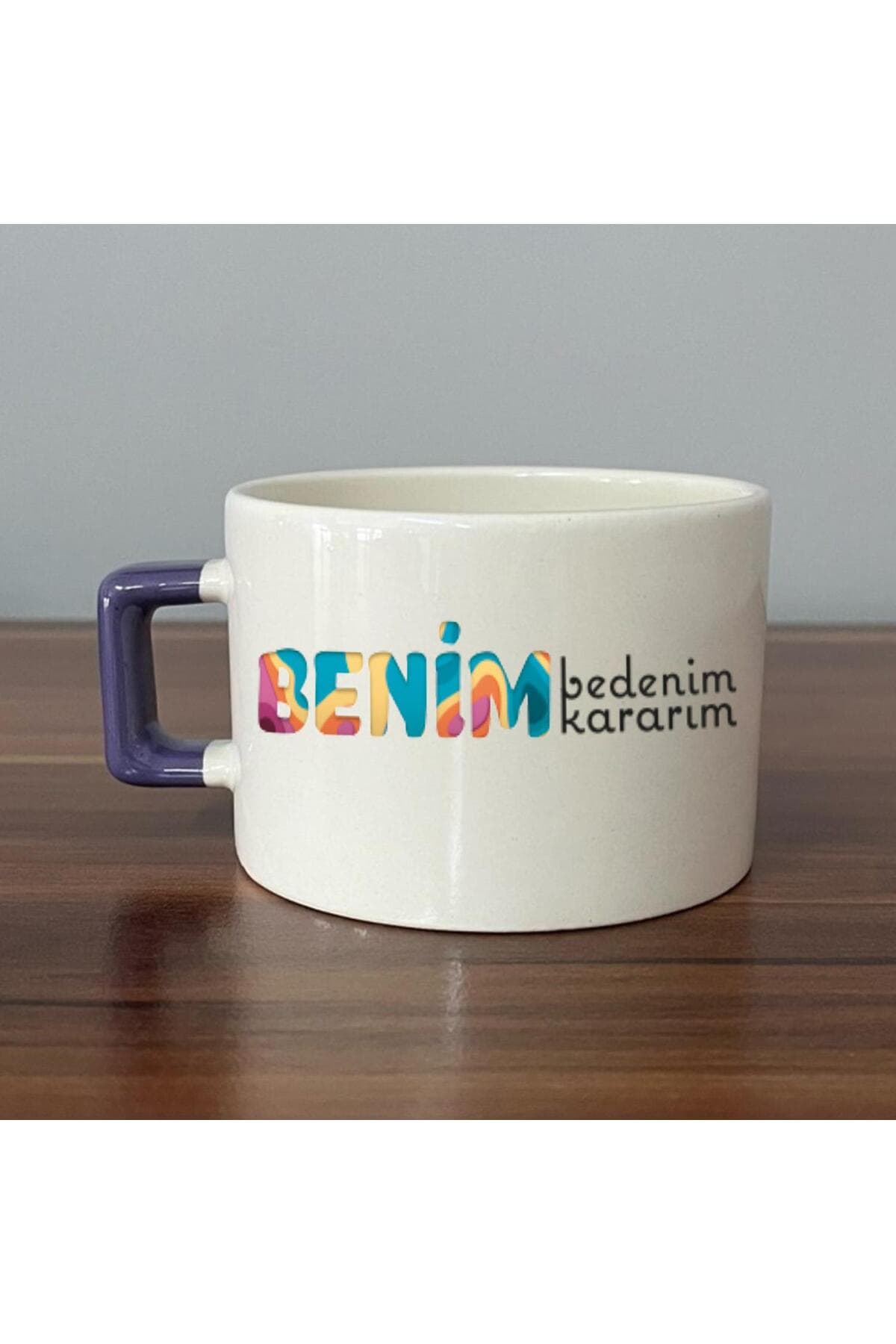 Benim Bedenim, Benim Kararım Baskılı Mor Kulplu Kare Kupa - Kadınlar Günü Hediyesi Bardak Fincan Mug