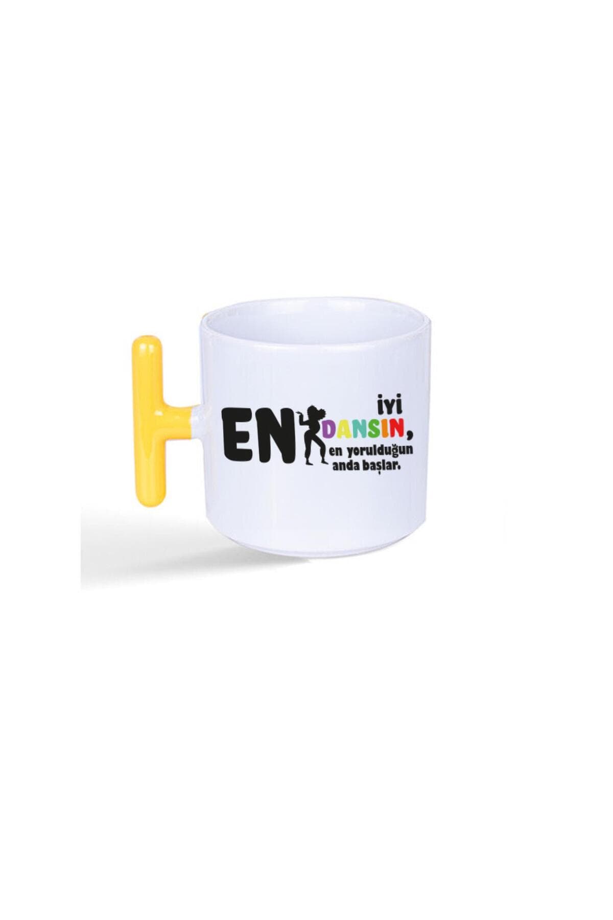 En İyi Dansın Baskılı Sarı Kulplu T Kupa - Kadınlar Günü Hediyesi Bardak Fincan Mug
