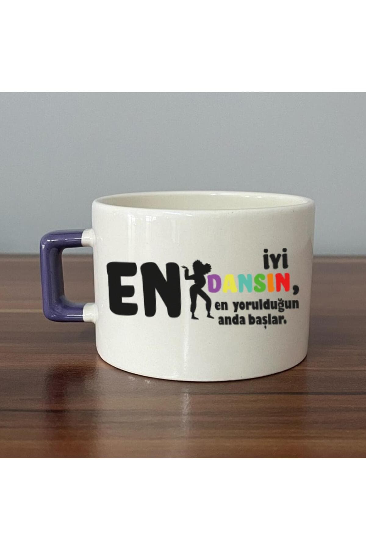 En İyi Dansın Baskılı Mor Kulplu Kare Kupa - Kadınlar Günü Hediyesi Bardak Fincan Mug