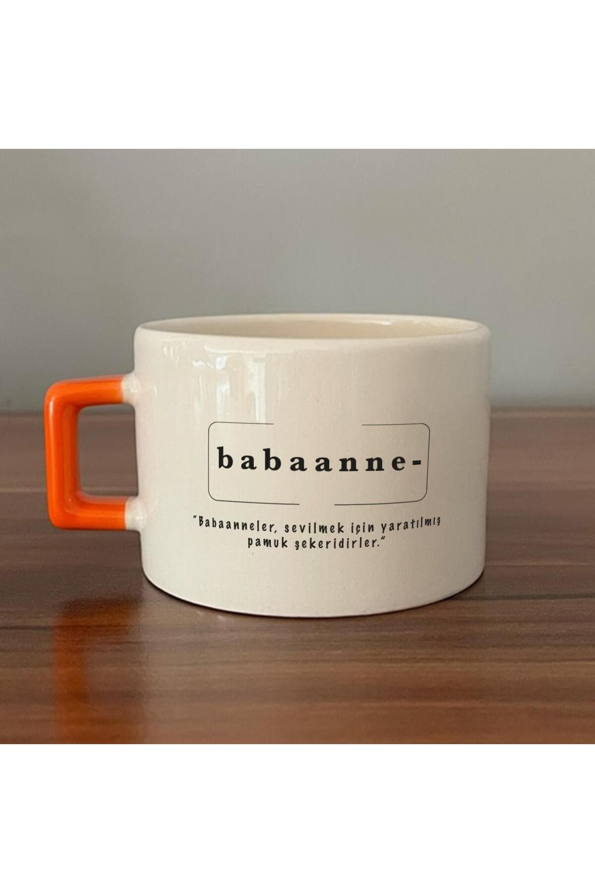 Babaanne Baskılı Turuncu Kulplu Kare Kupa - Babaanneye Hediye Bardak Fincan Mug