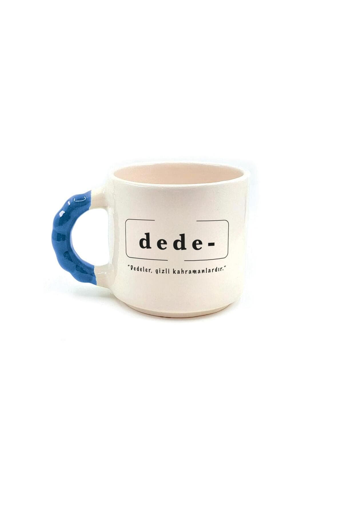 Dede Baskılı Mavi Kulplu Boncuk Kupa - Dedeye Hediye Bardak Fincan Mug