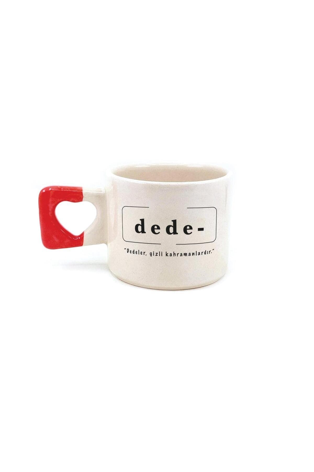 Dede Baskılı Kırmızı Kulplu Kalp Kupa - Dedeye Hediye Bardak Fincan Mug