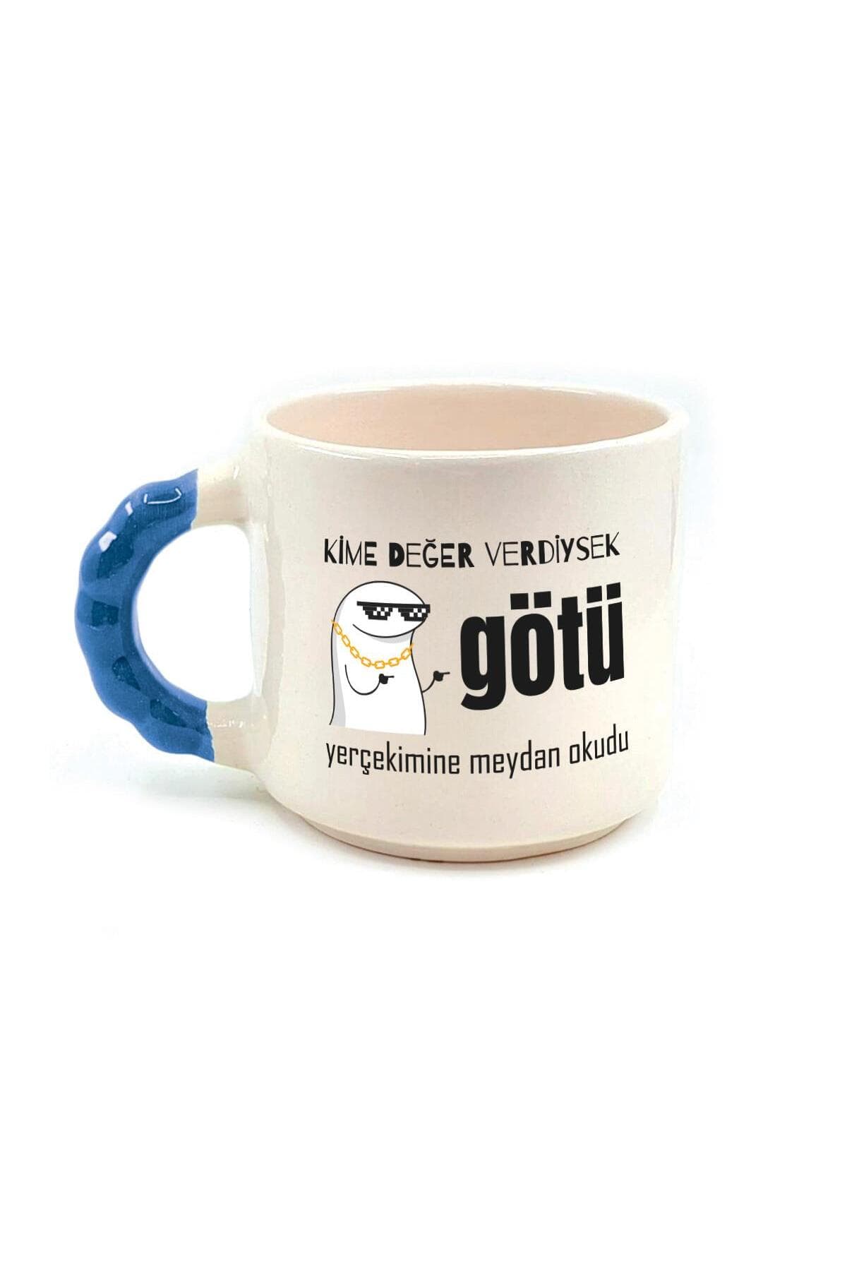 Kime Değer Verdiysek G*tü Yerçekimine Meydan Okudu Baskılı Mavi Kulplu Boncuk Kupa - Komik Hediye