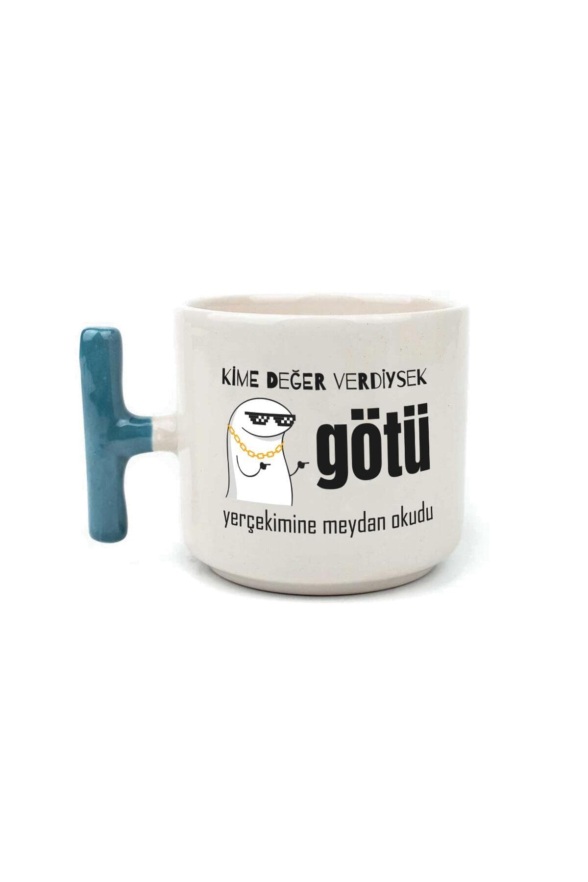 Kime Değer Verdiysek G*tü Yerçekimine Meydan Okudu Baskılı Mavi Kulplu T Kupa - Komik Hediye Bardak