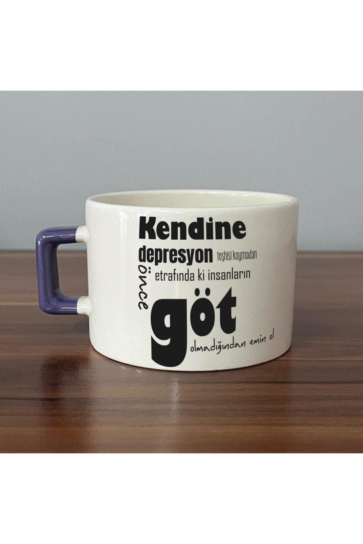 Kendine Depresyon Teşhisi Koymadan Önce Baskılı Mor Kulplu Kare Kupa Bardak Fincan Mug