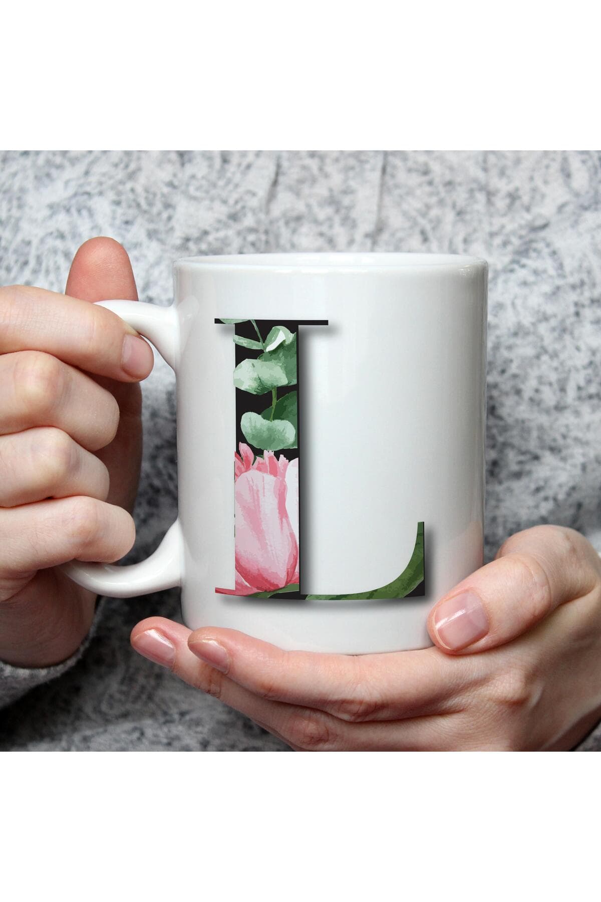Çiçekli L Harf Baskılı Beyaz Kupa Bardak Fincan Mug
