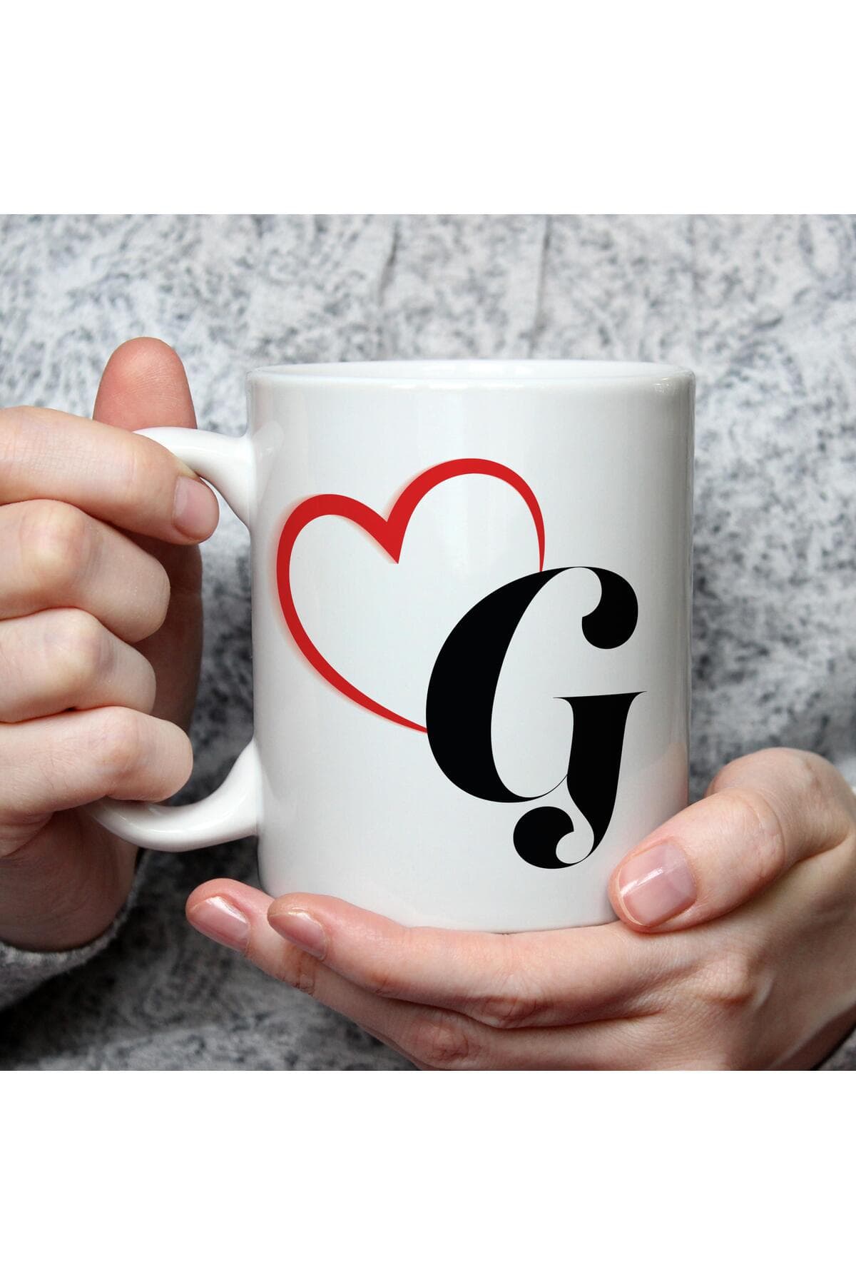 Kalpli G Harf Baskılı Beyaz Kupa Bardak Fincan Mug