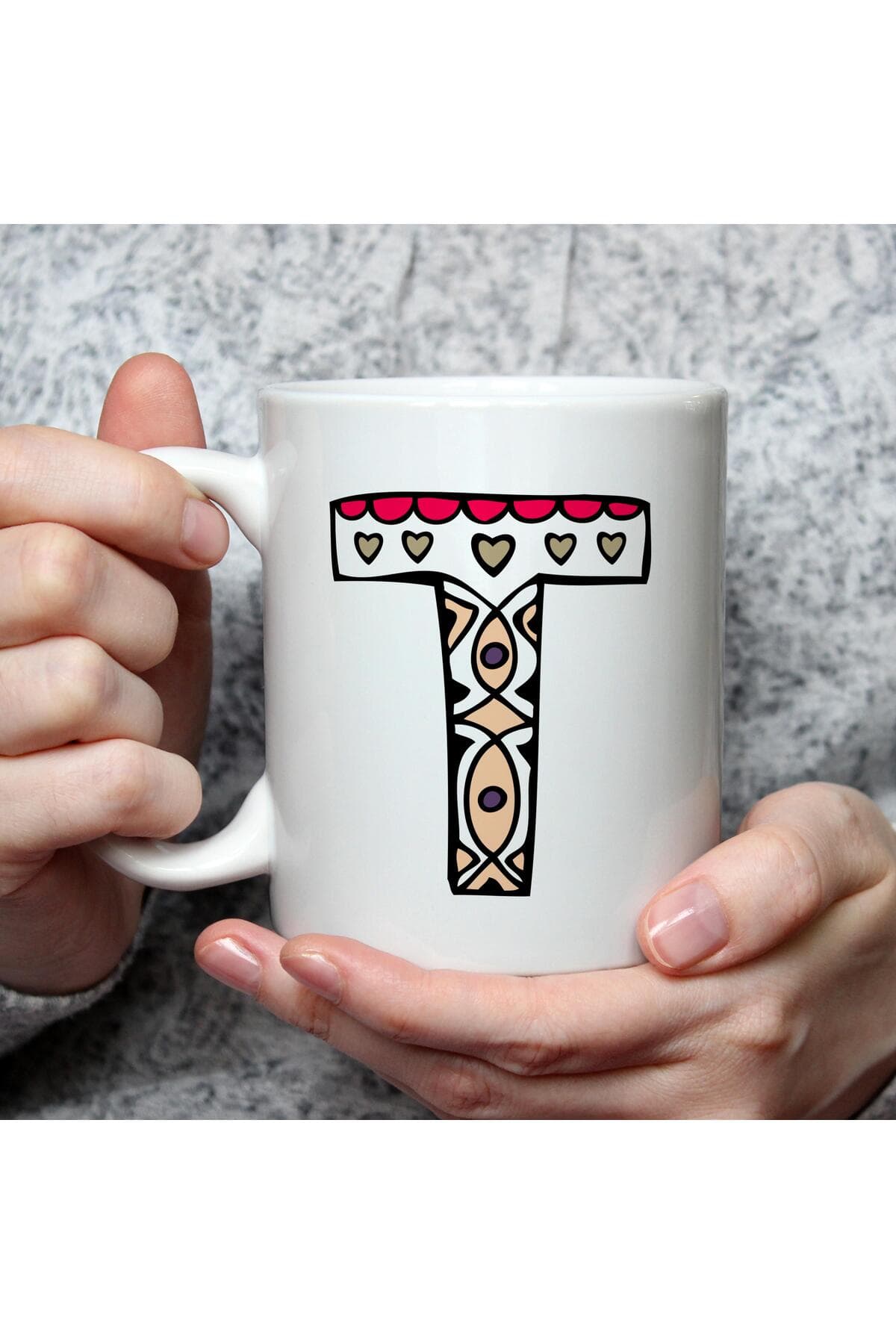 Etnik T Harf Baskılı Beyaz Kupa Bardak Fincan Mug