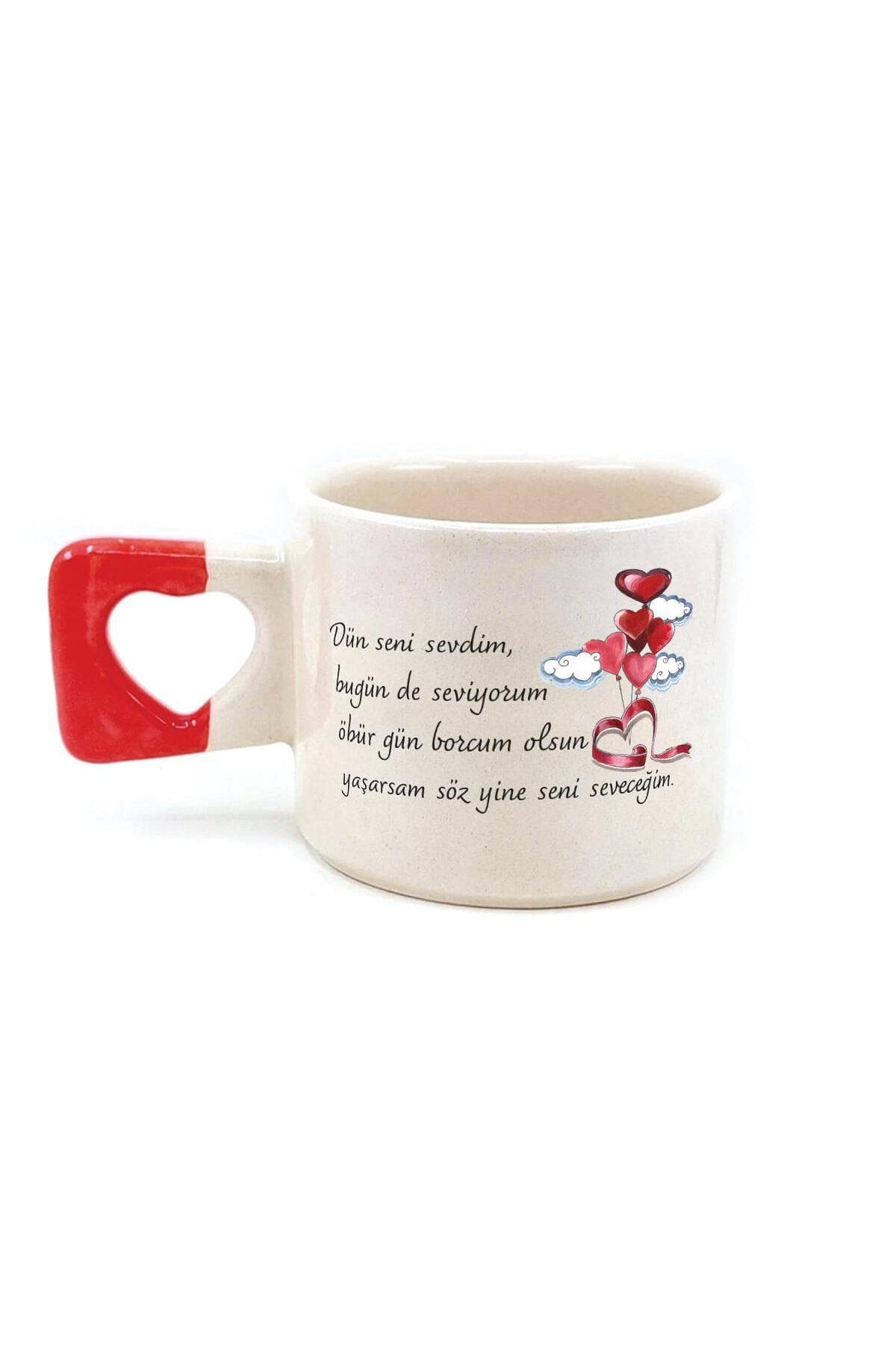 Dün Seni Sevdim Baskılı Kırmızı Kulplu Kalp Kupa Bardak Fincan Mug