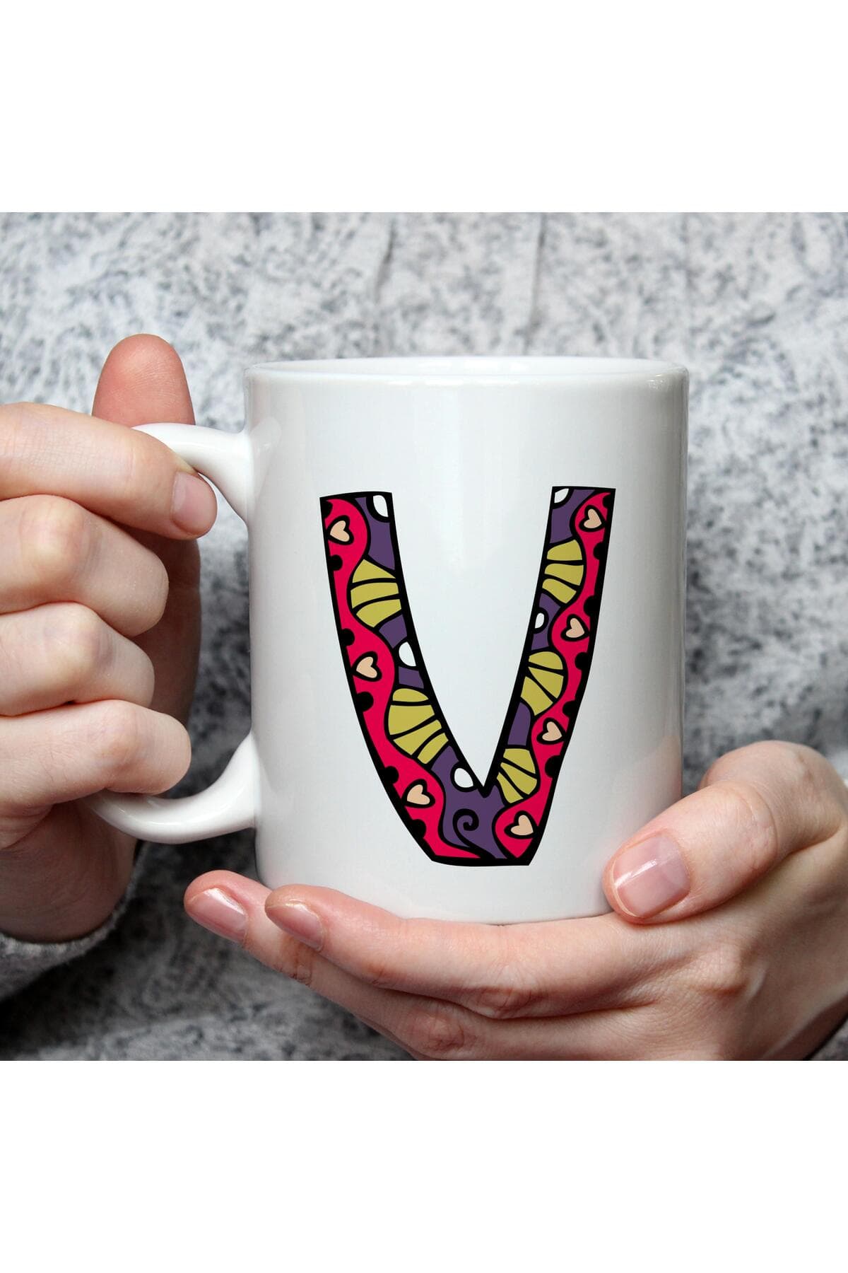 Etnik V Harf Baskılı Beyaz Kupa Bardak Fincan Mug