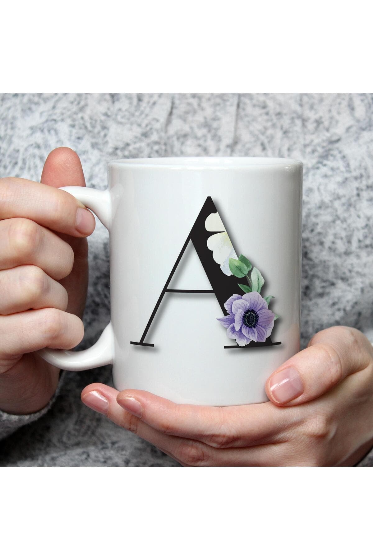 Çiçekli A Harf Baskılı Beyaz Kupa Bardak Fincan Mug