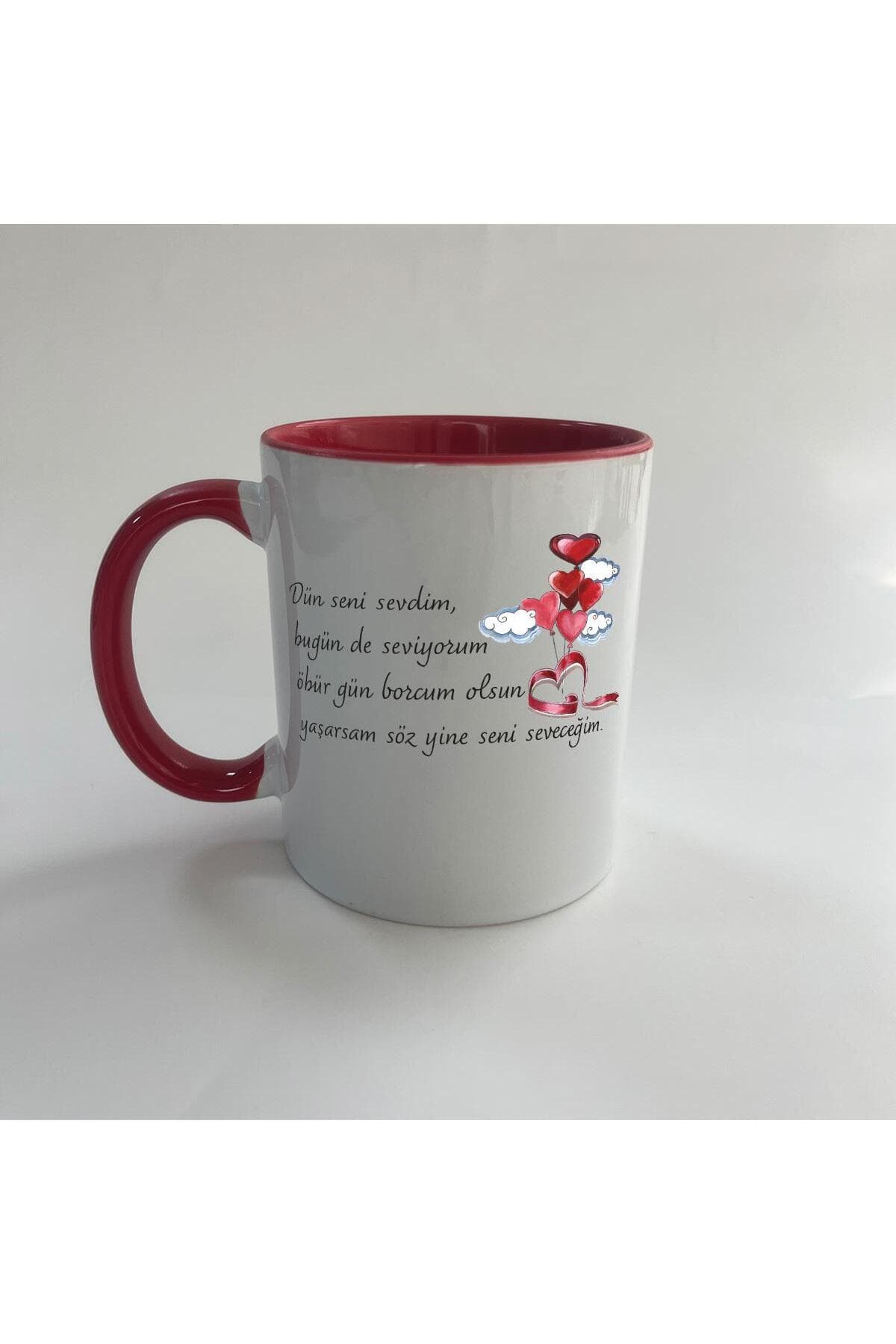 Dün Seni Sevdim Baskılı Kırmızı İçi ve Kulbu Renkli Mega Kupa Bardak Fincan Mug
