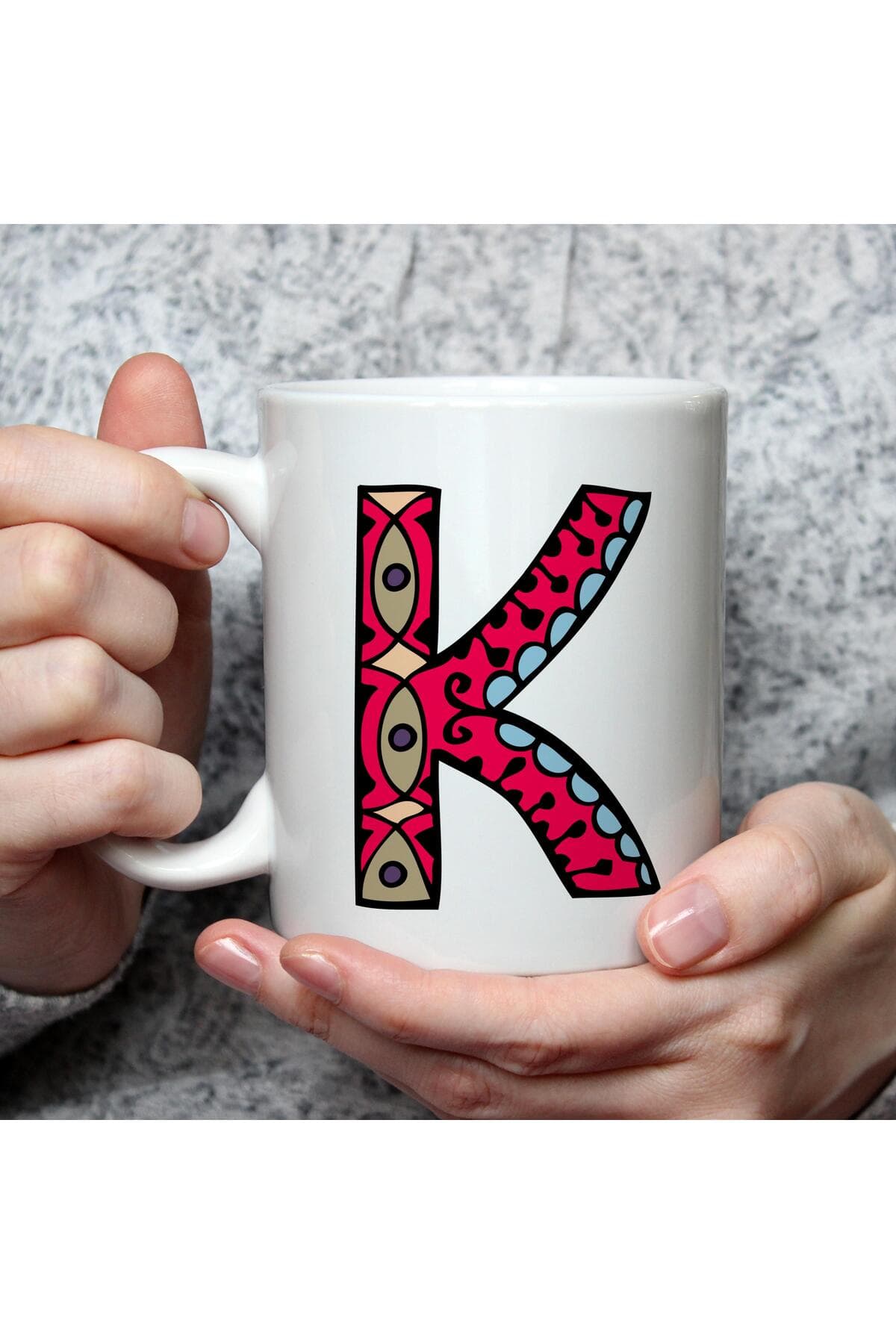 Etnik K Harf Baskılı Beyaz Kupa Bardak Fincan Mug