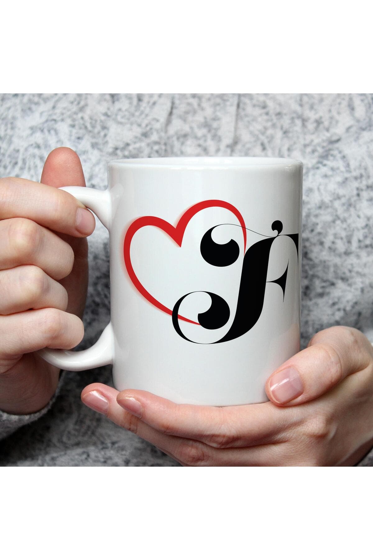 Kalpli F Harf Baskılı Beyaz Kupa Bardak Fincan Mug
