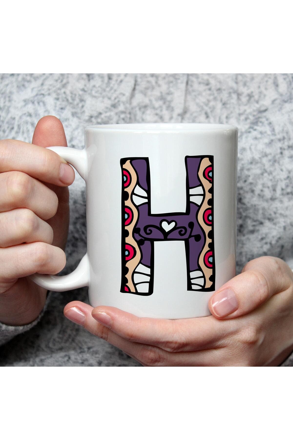 Etnik H Harf Baskılı Beyaz Kupa Bardak Fincan Mug