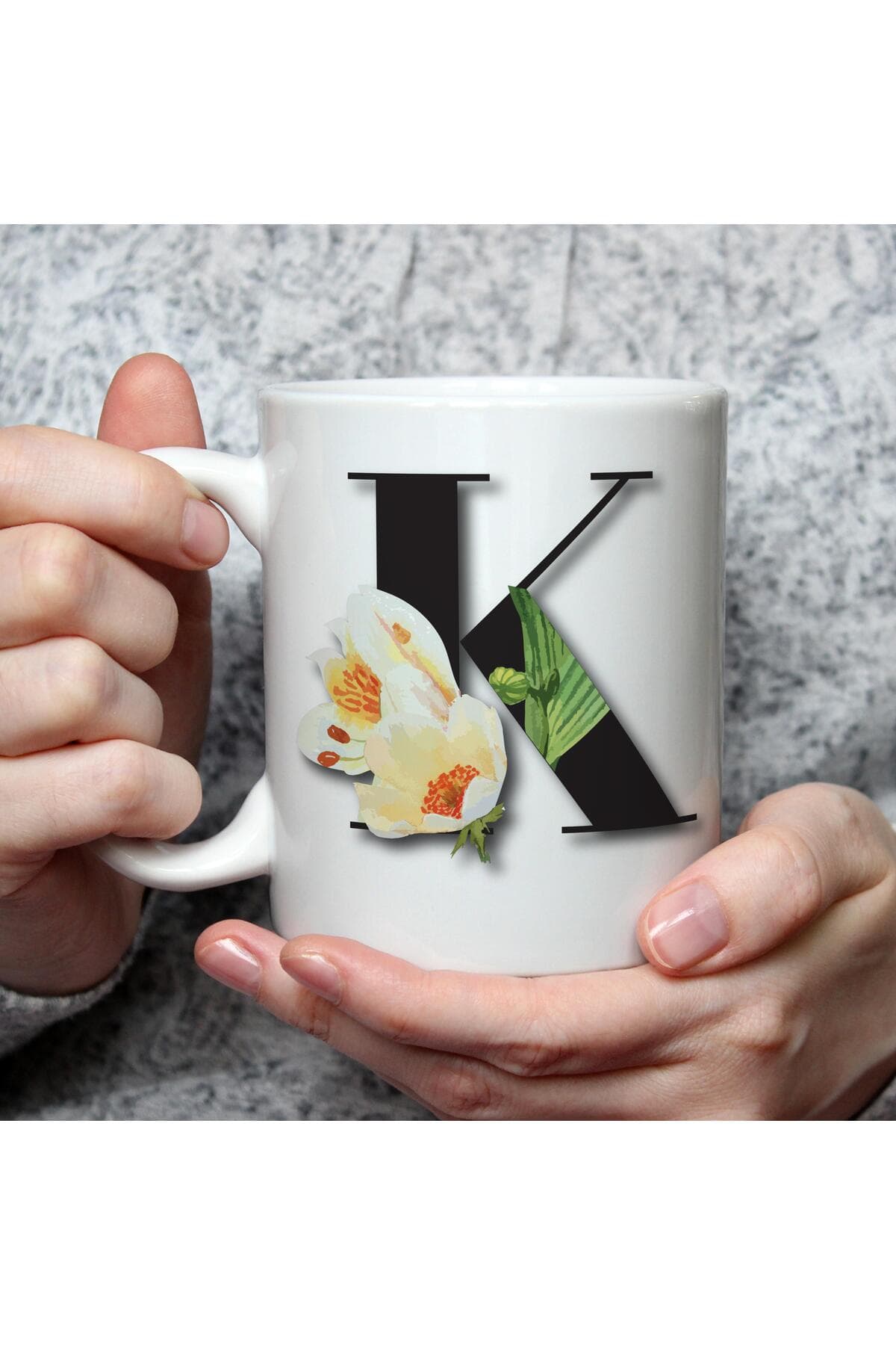Çiçekli K Harf Baskılı Beyaz Kupa Bardak Fincan Mug