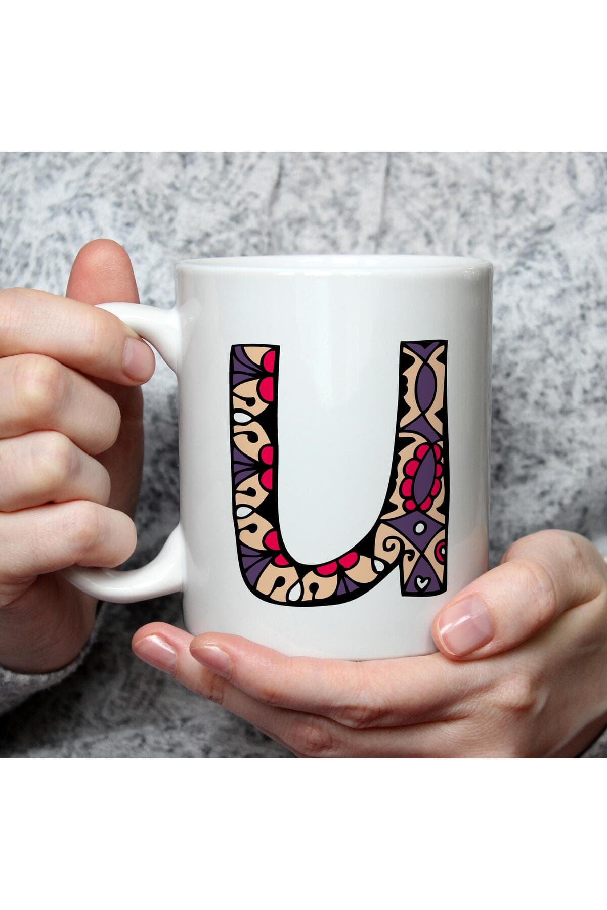 Etnik U Harf Baskılı Beyaz Kupa Bardak Fincan Mug