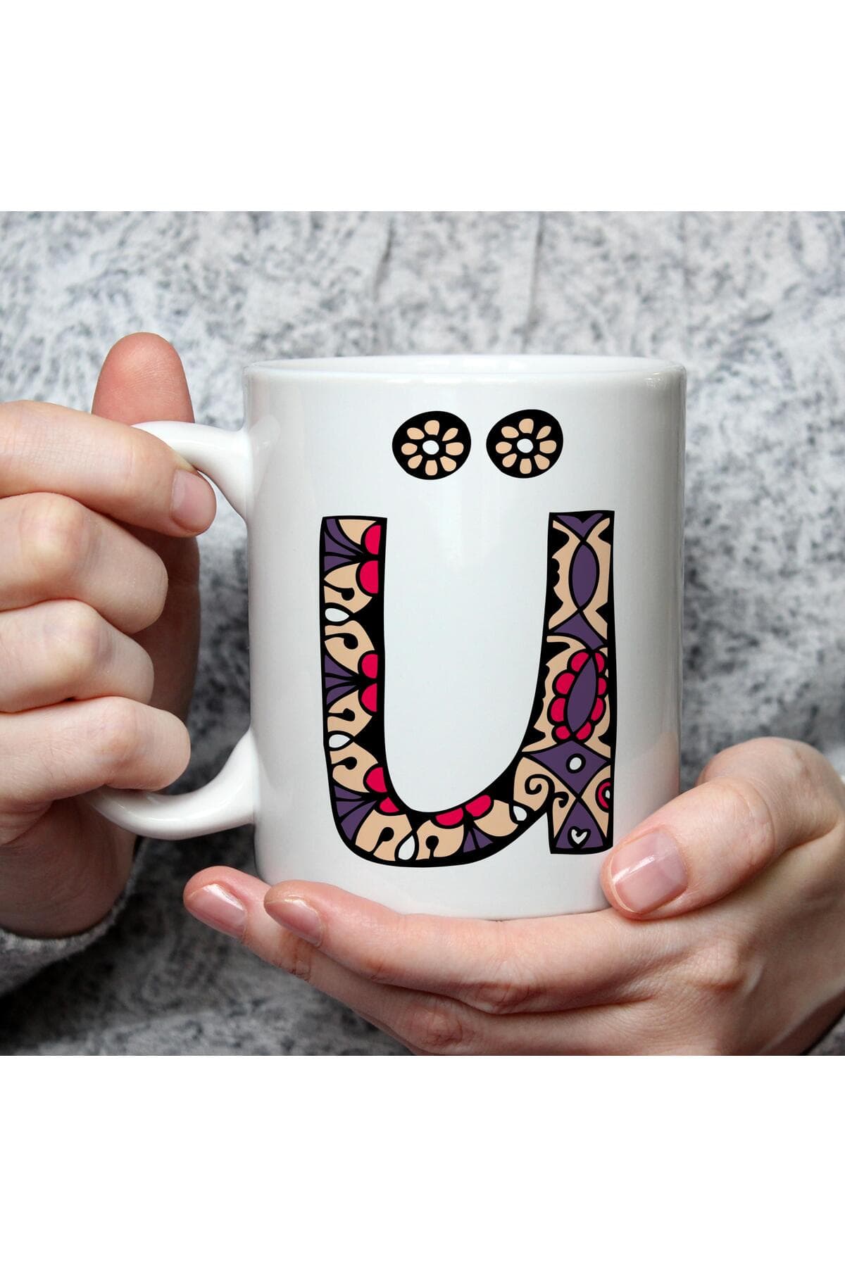 Etnik Ü Harf Baskılı Beyaz Kupa Bardak Fincan Mug