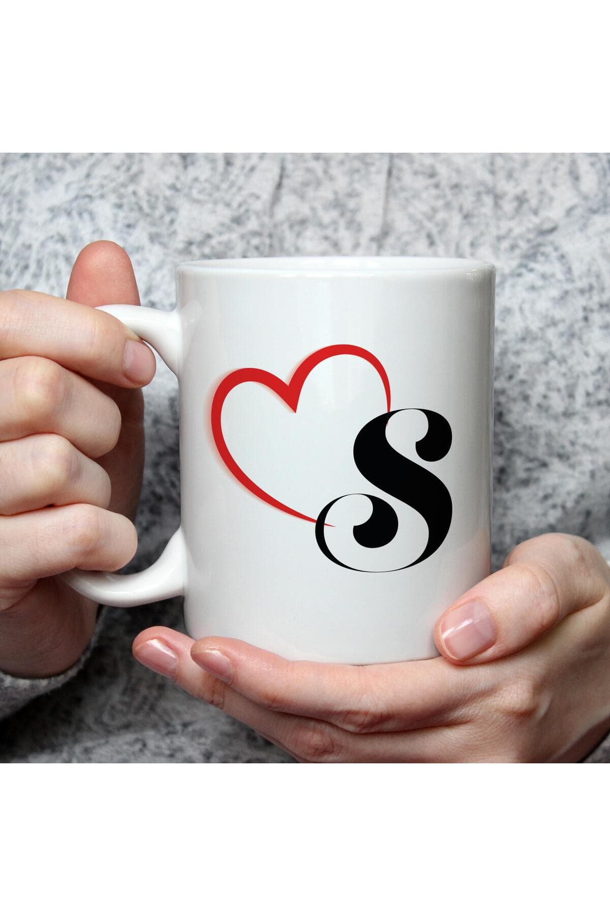 Kalpli S Harf Baskılı Beyaz Kupa Bardak Fincan Mug