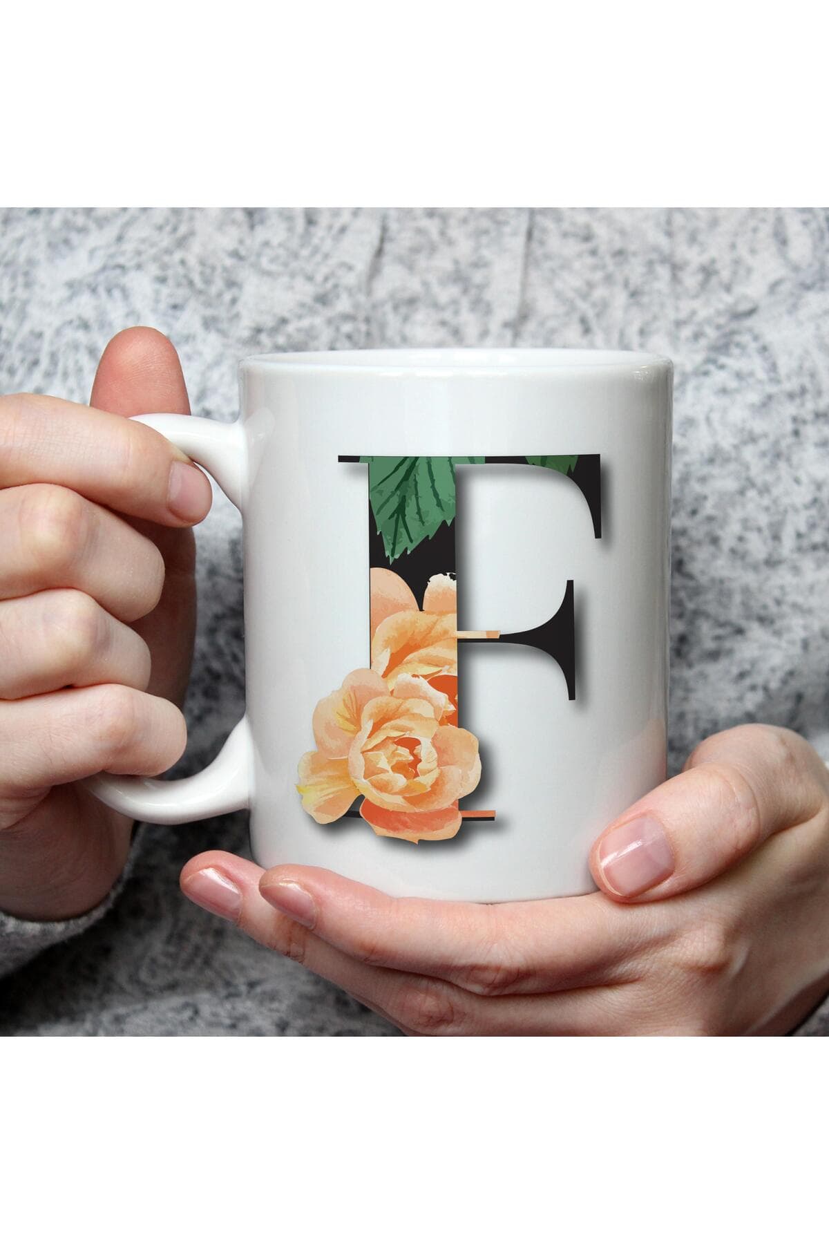 Çiçekli F Harf Baskılı Beyaz Kupa Bardak Fincan Mug
