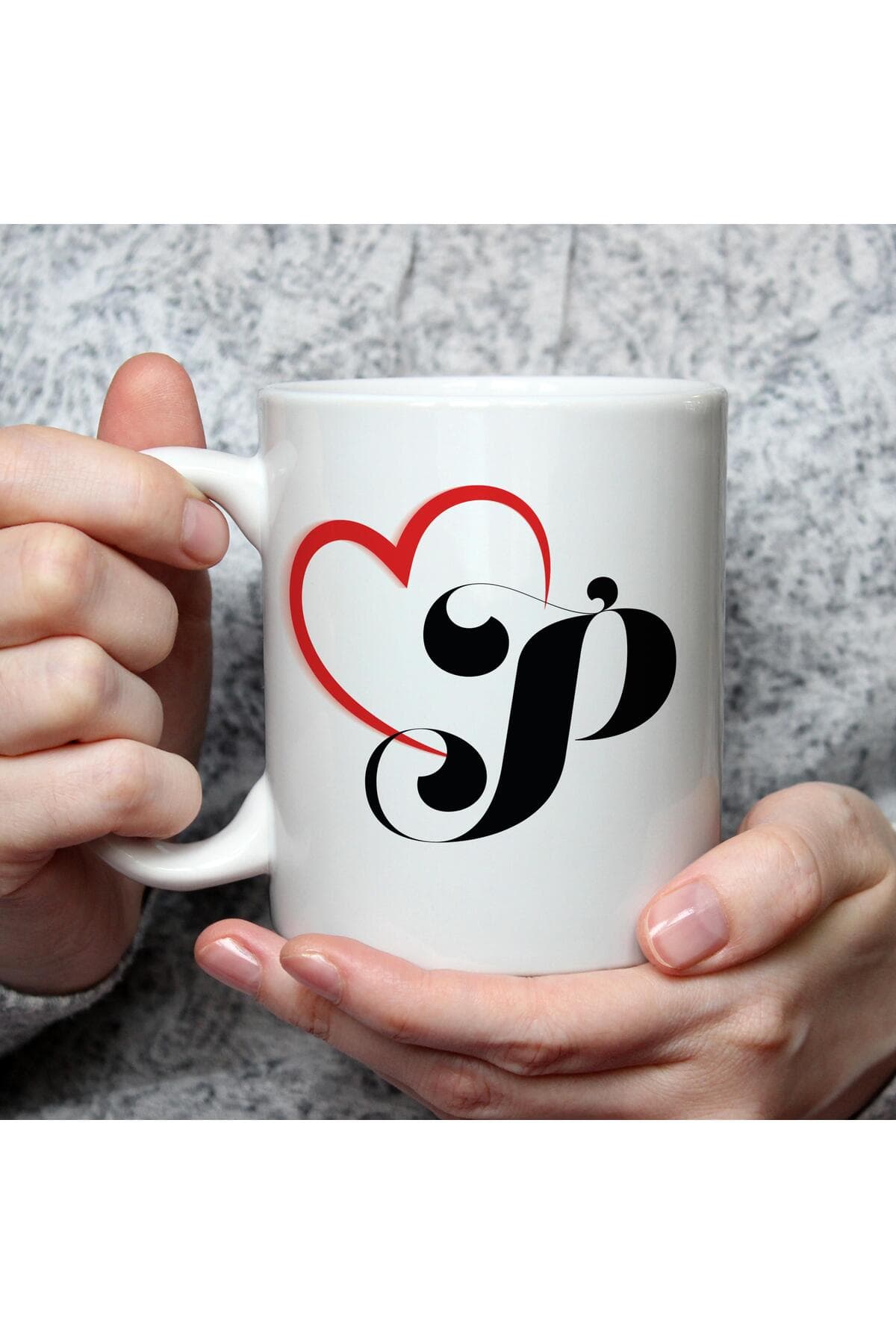 Kalpli P Harf Baskılı Beyaz Kupa Bardak Fincan Mug