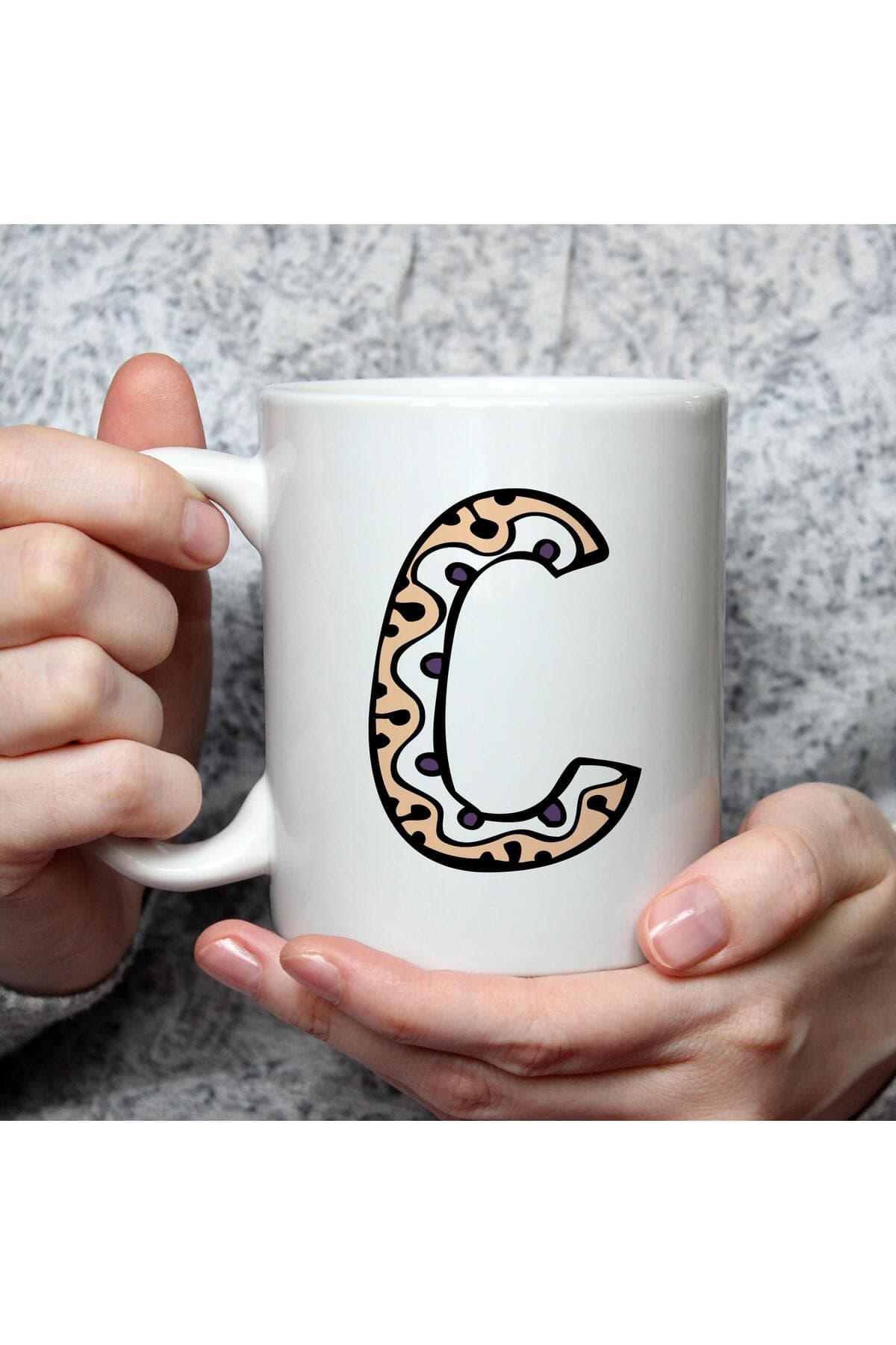 Etnik C Harf Baskılı Beyaz Kupa Bardak Fincan Mug