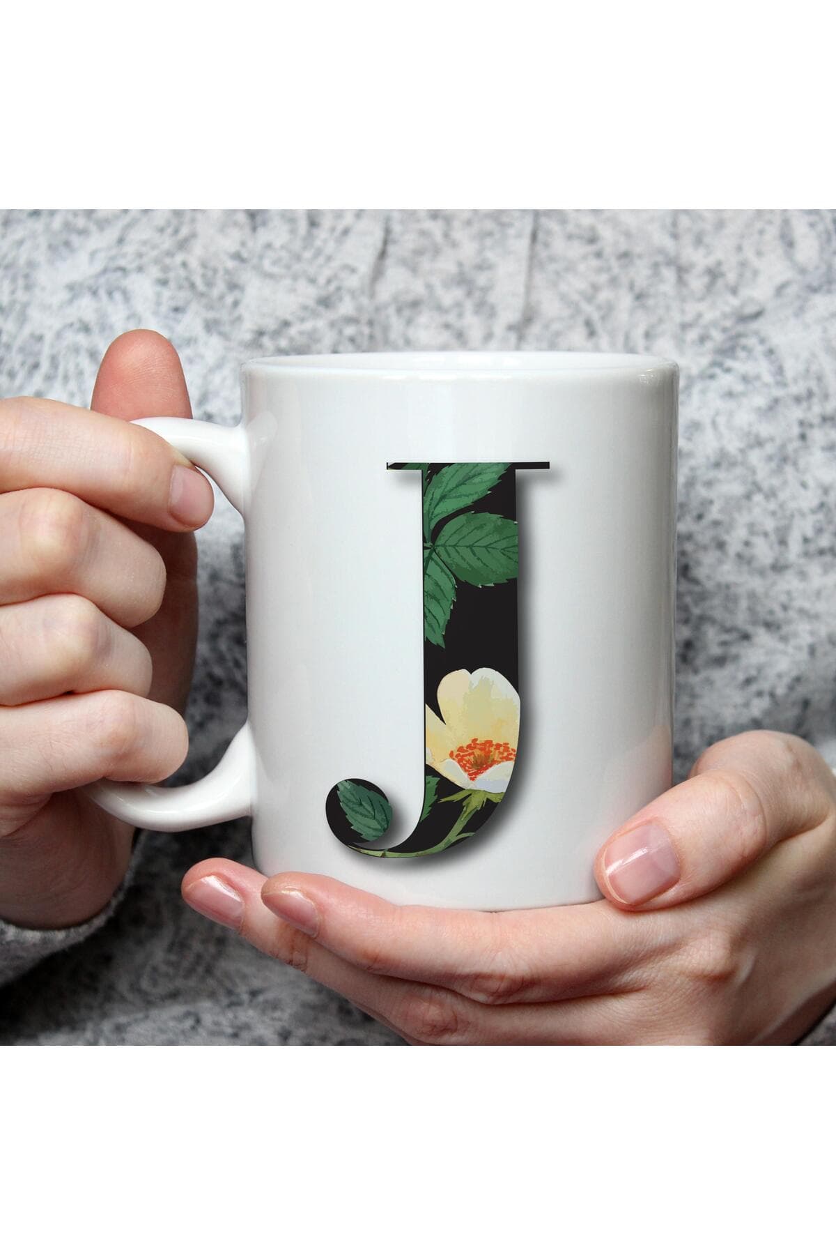 Çiçekli J Harf Baskılı Beyaz Kupa Bardak Fincan Mug