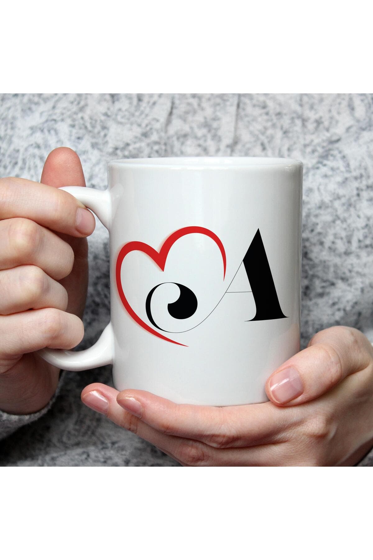 Kalpli A Harf Baskılı Beyaz Kupa Bardak Fincan Mug