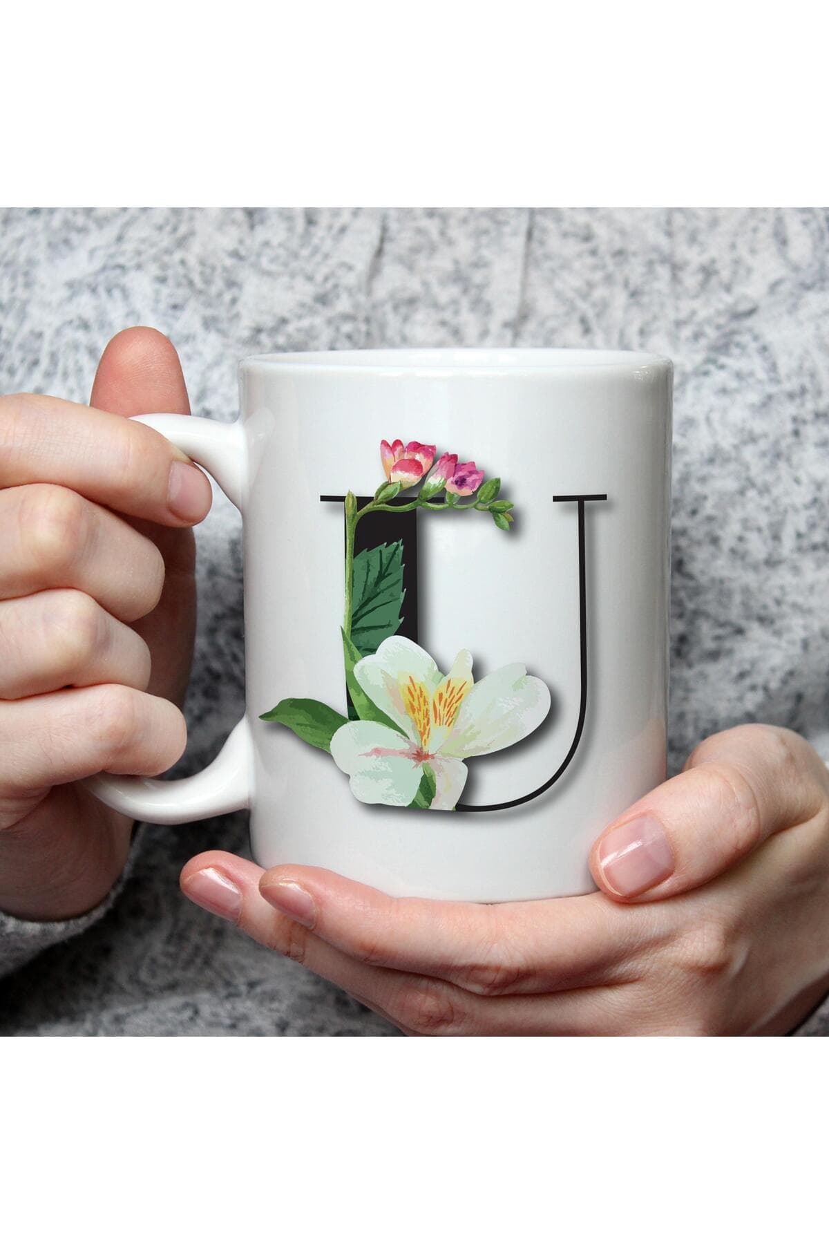 Çiçekli U Harf Baskılı Beyaz Kupa Bardak Fincan Mug