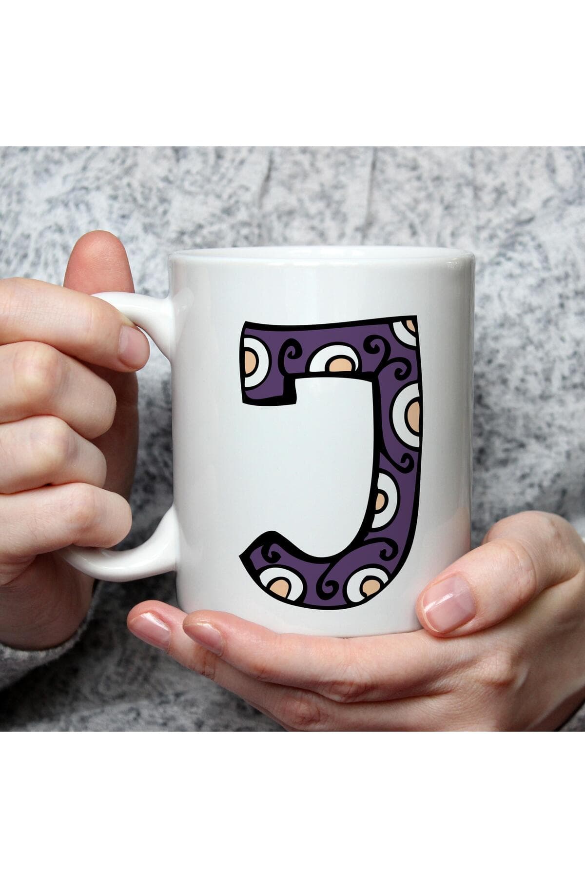 Etnik J Harf Baskılı Beyaz Kupa Bardak Fincan Mug