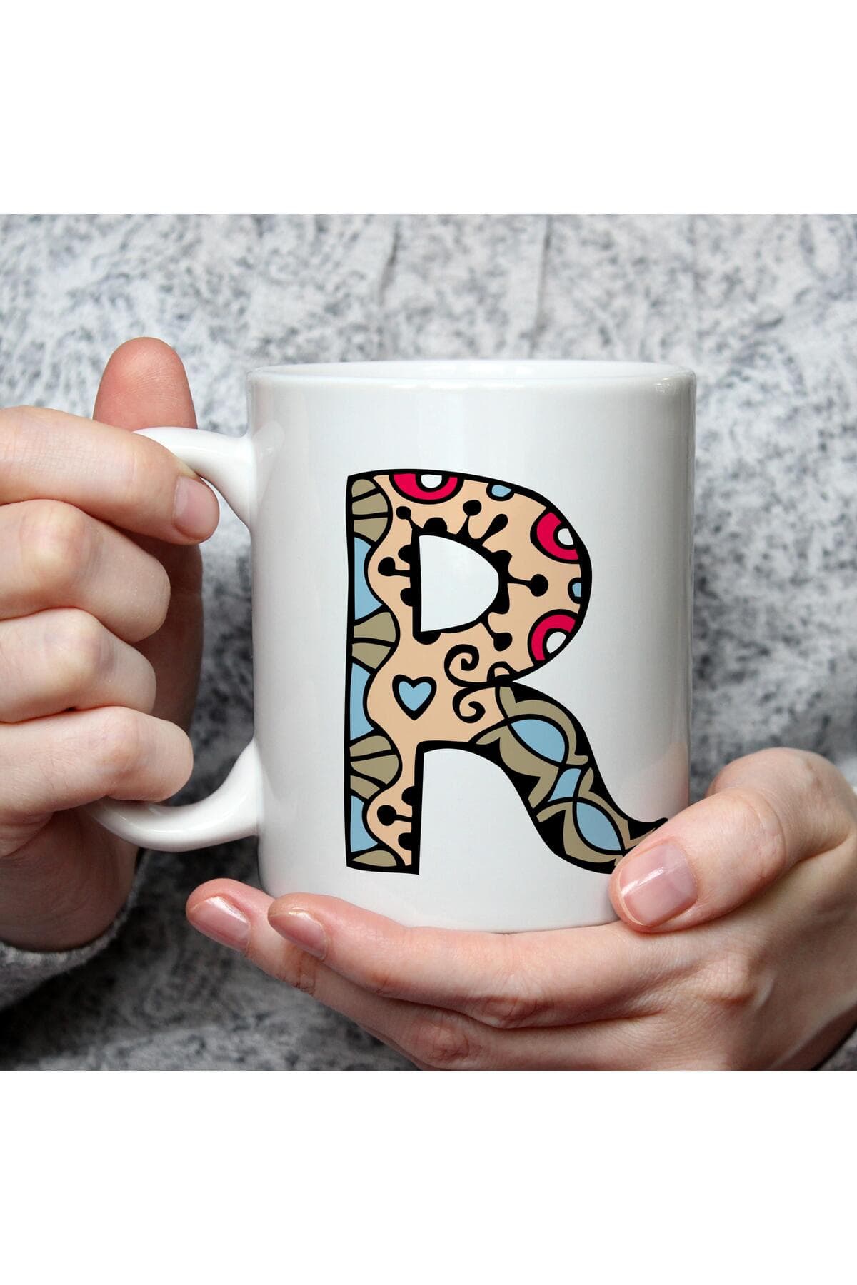 Etnik R Harf Baskılı Beyaz Kupa Bardak Fincan Mug