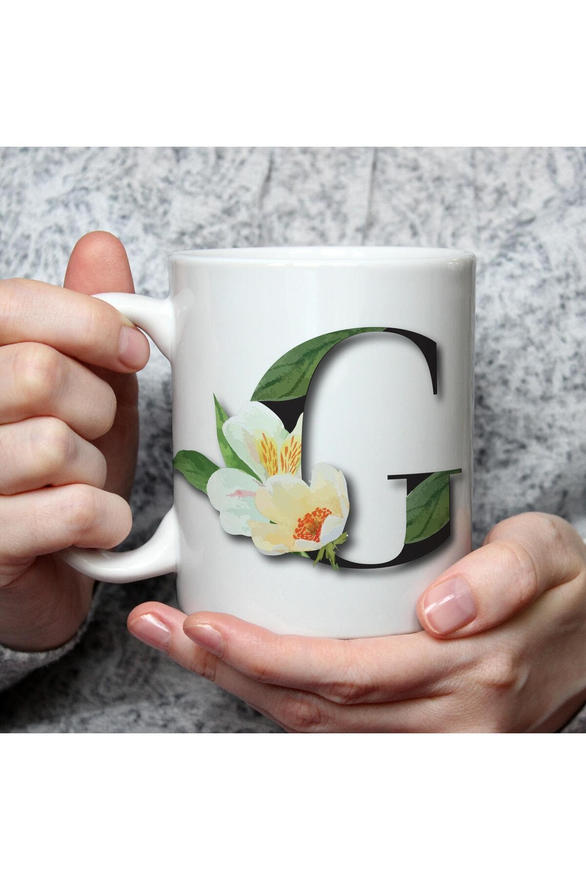 Çiçekli G Harf Baskılı Beyaz Kupa Bardak Fincan Mug