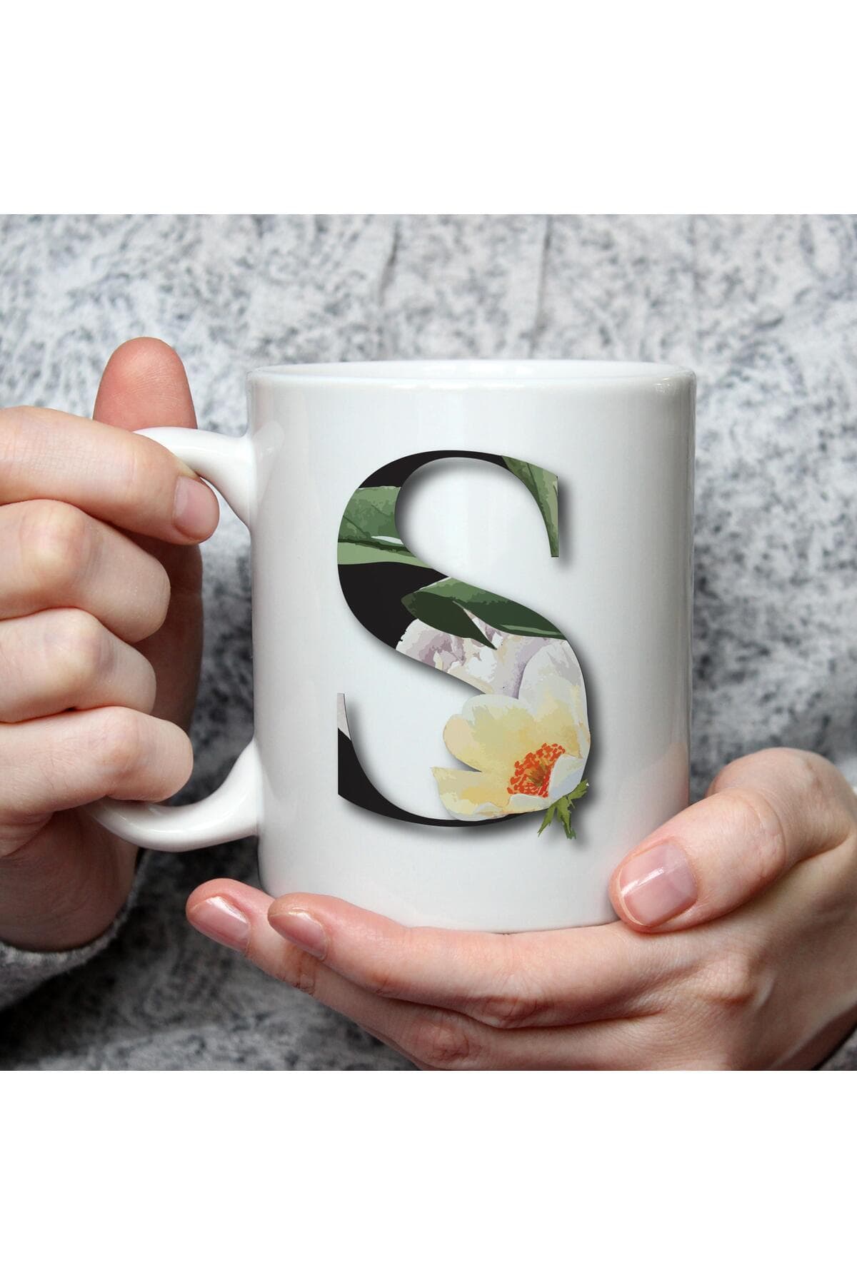 Çiçekli S Harf Baskılı Beyaz Kupa Bardak Fincan Mug