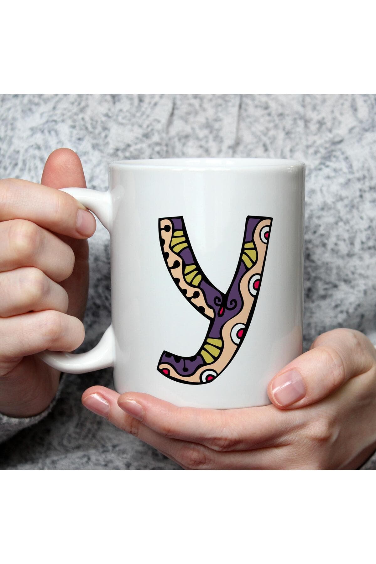Etnik Y Harf Baskılı Beyaz Kupa Bardak Fincan Mug