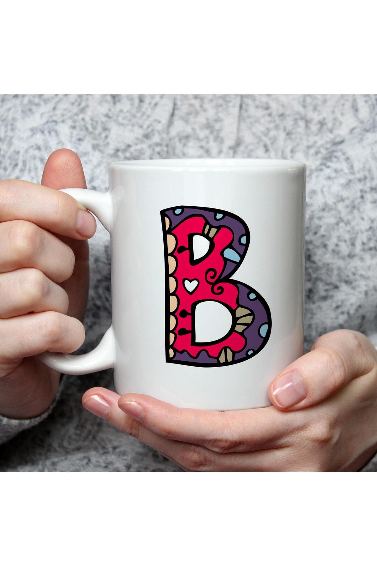 Etnik B Harf Baskılı Beyaz Kupa Bardak Fincan Mug