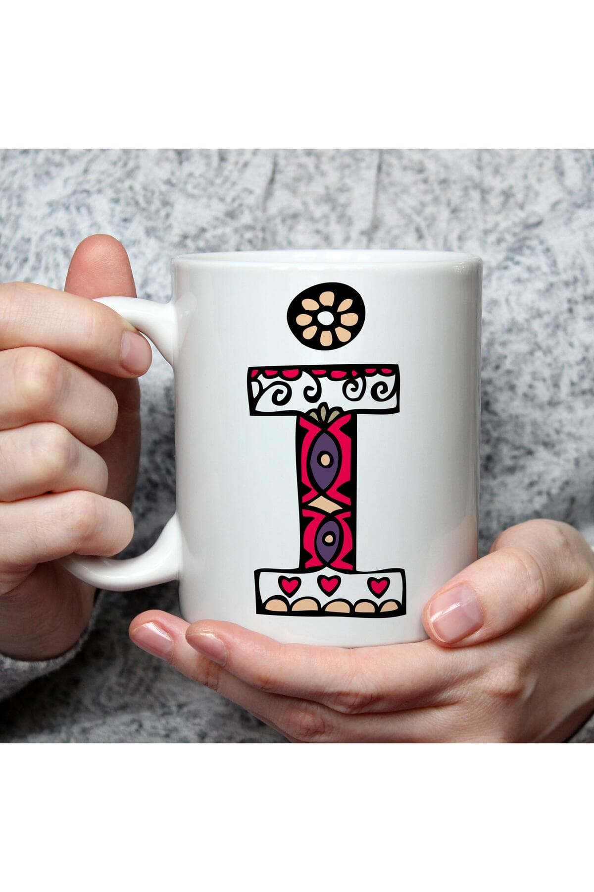 Etnik İ Harf Baskılı Beyaz Kupa Bardak Fincan Mug