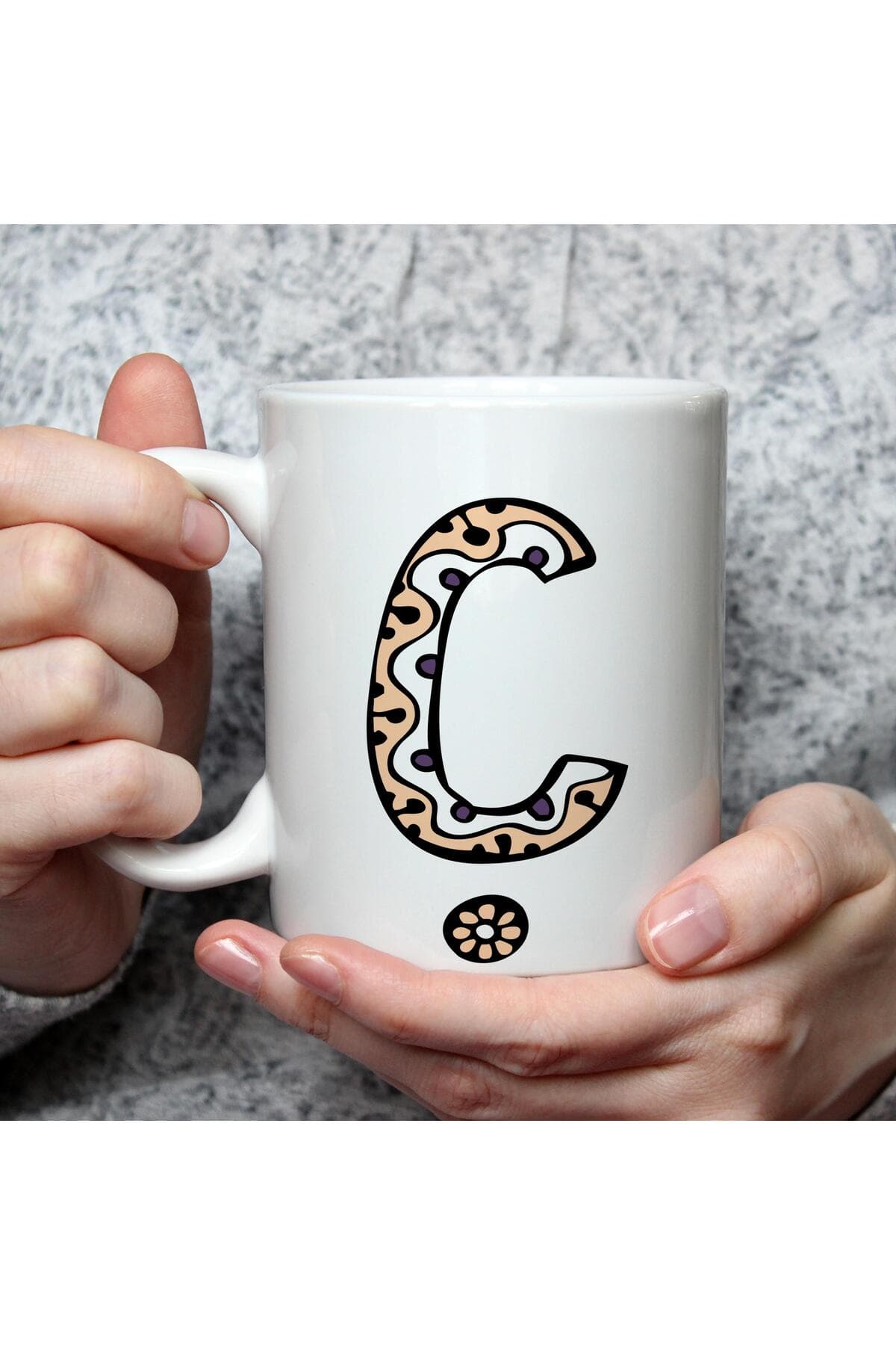 Etnik Ç Harf Baskılı Beyaz Kupa Bardak Fincan Mug