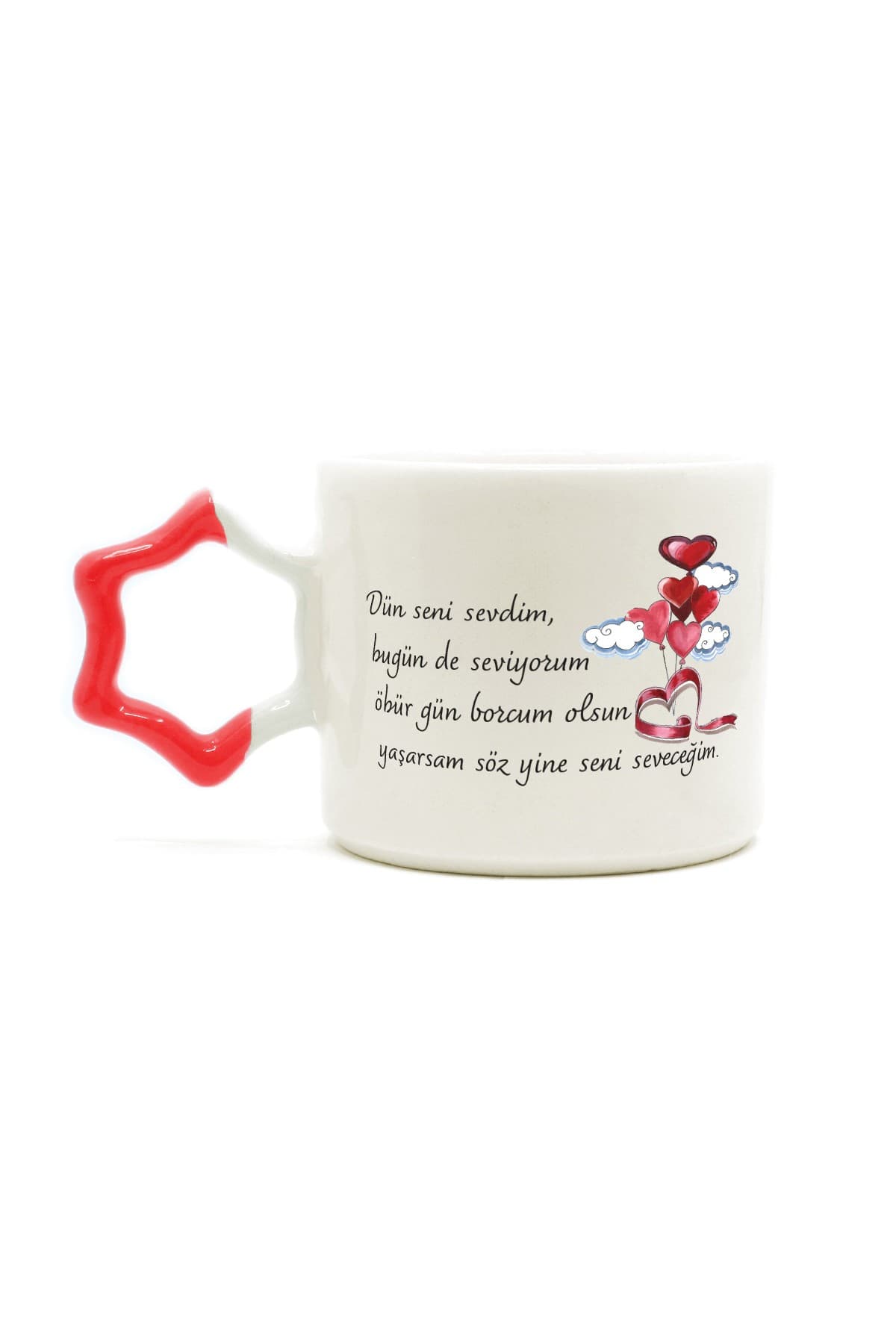 Dün Seni Sevdim Baskılı Kırmızı Kulplu Yıldız Kupa Bardak Fincan Mug