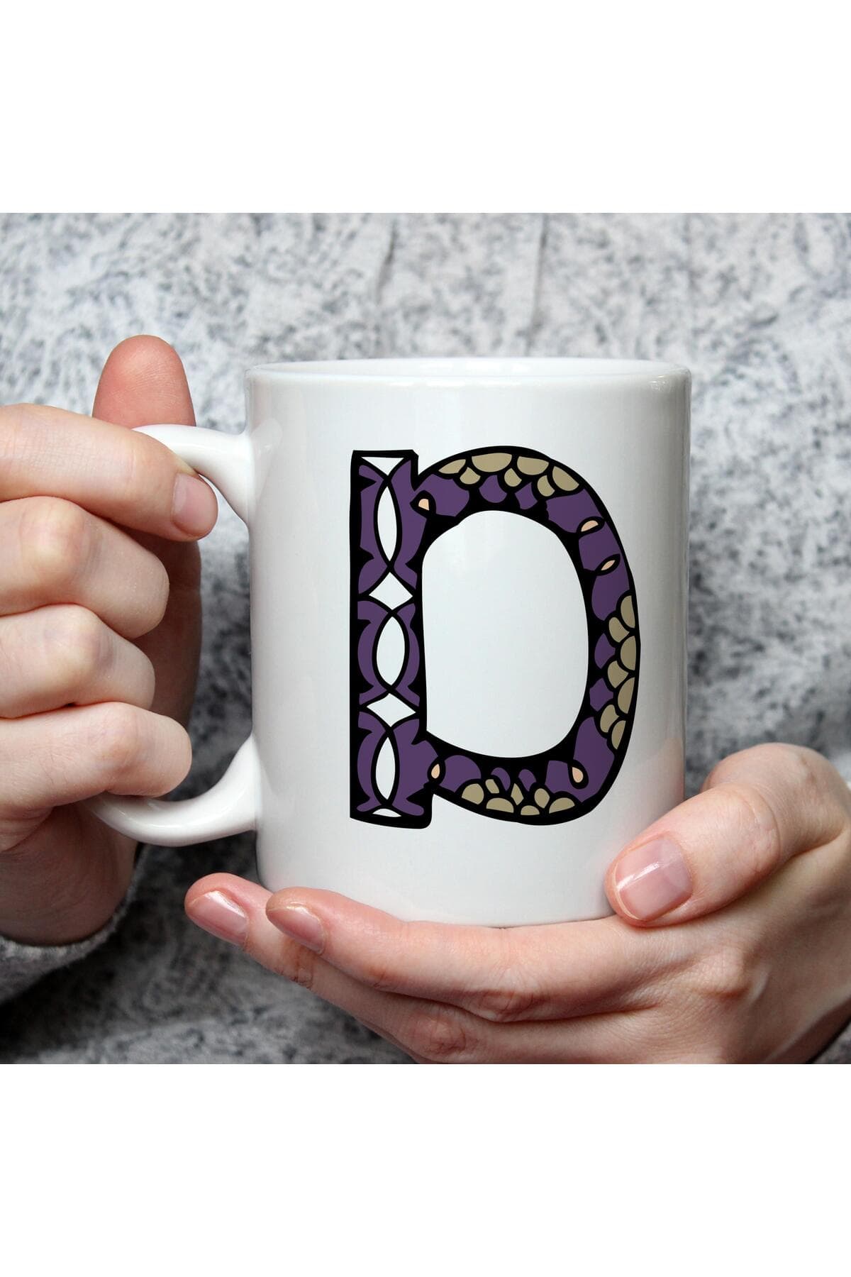 Etnik D Harf Baskılı Beyaz Kupa Bardak Fincan Mug