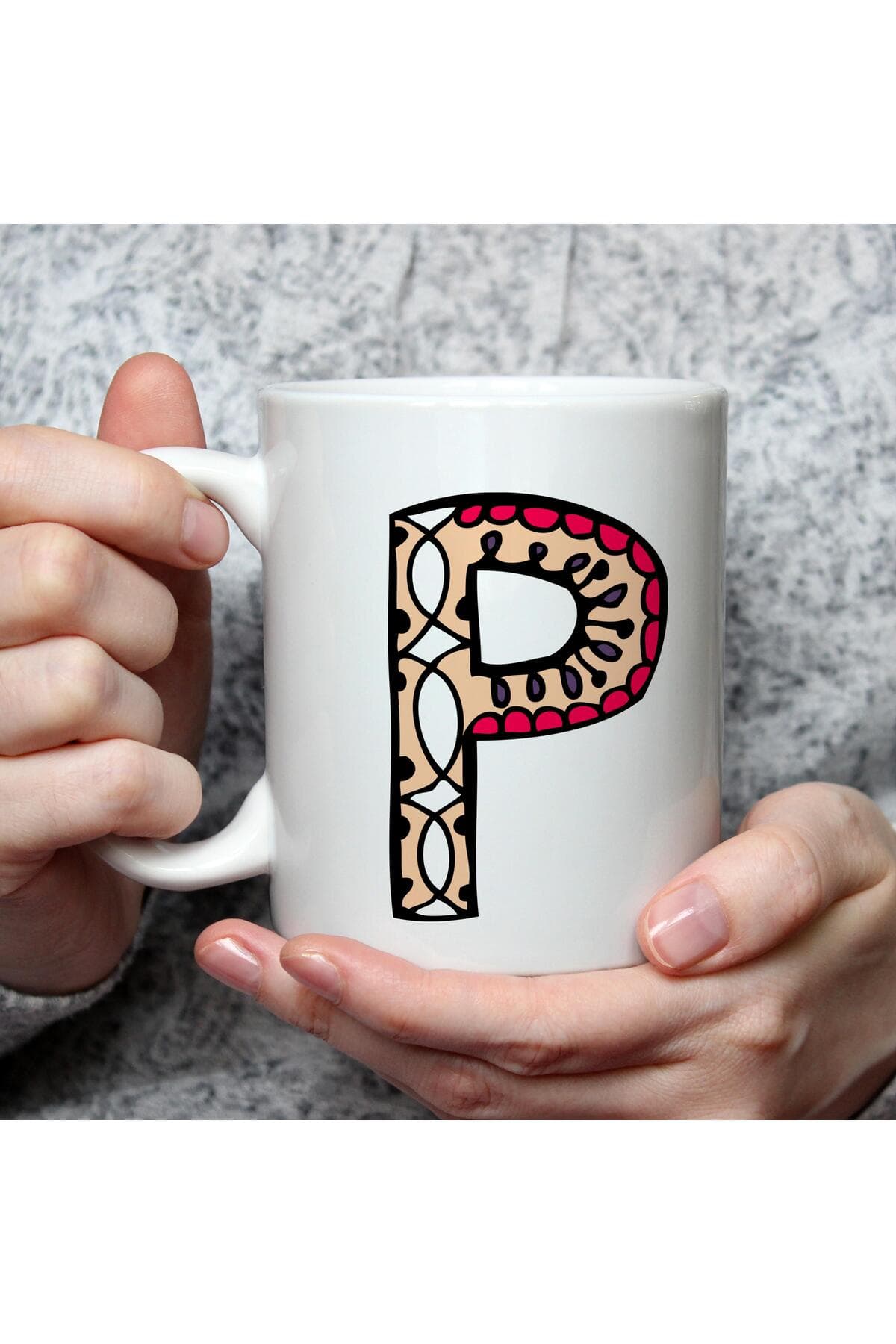 Etnik P Harf Baskılı Beyaz Kupa Bardak Fincan Mug