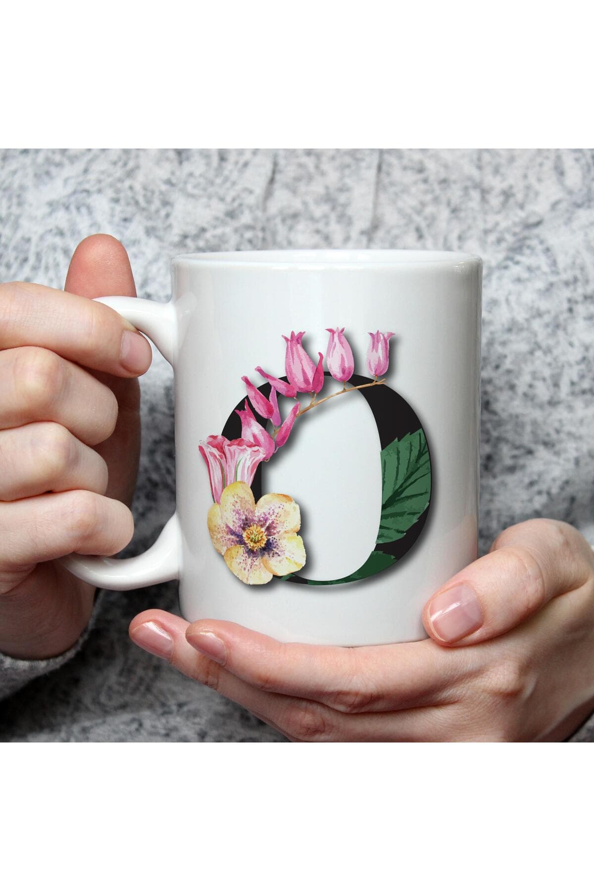 Çiçekli O Harf Baskılı Beyaz Kupa Bardak Fincan Mug
