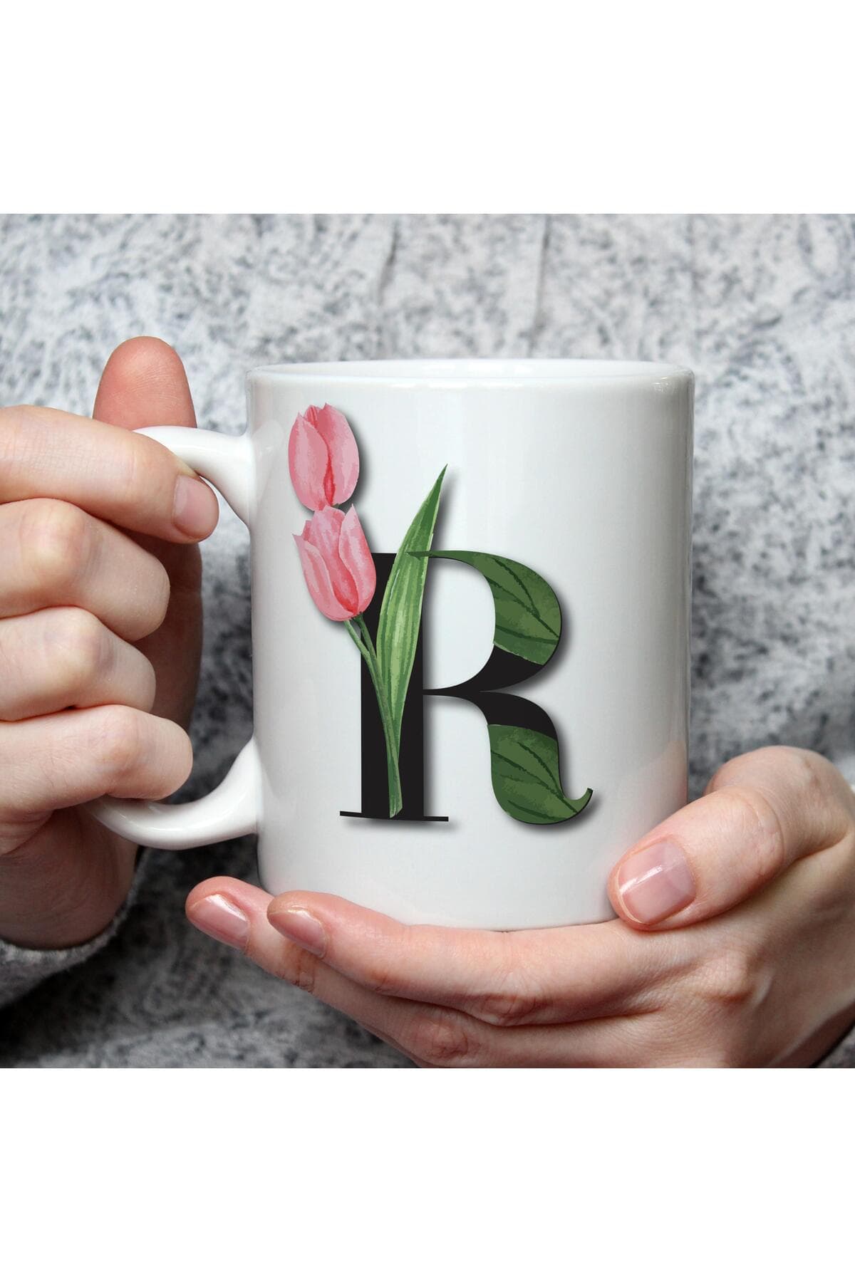Çiçekli R Harf Baskılı Beyaz Kupa Bardak Fincan Mug