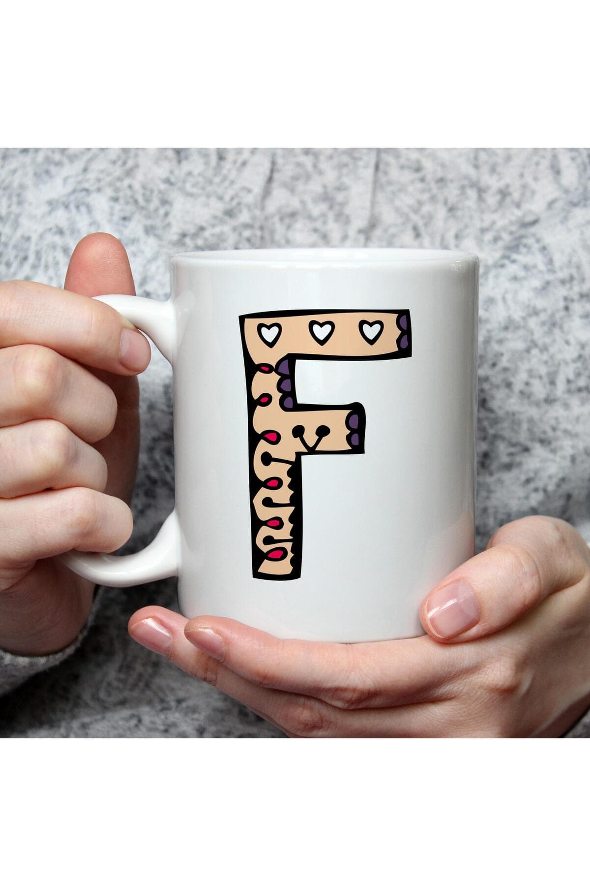 Etnik F Harf Baskılı Beyaz Kupa Bardak Fincan Mug