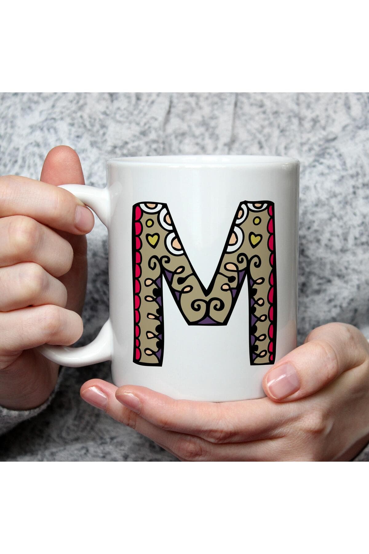 Etnik M Harf Baskılı Beyaz Kupa Bardak Fincan Mug